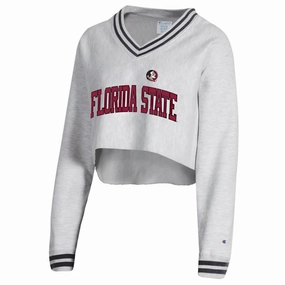 Drop Shoulder Design single - compartment Champion Women's Seminole Logo/Seminoles Reverse Weave Crop V-neck Fleece - Grey/Black