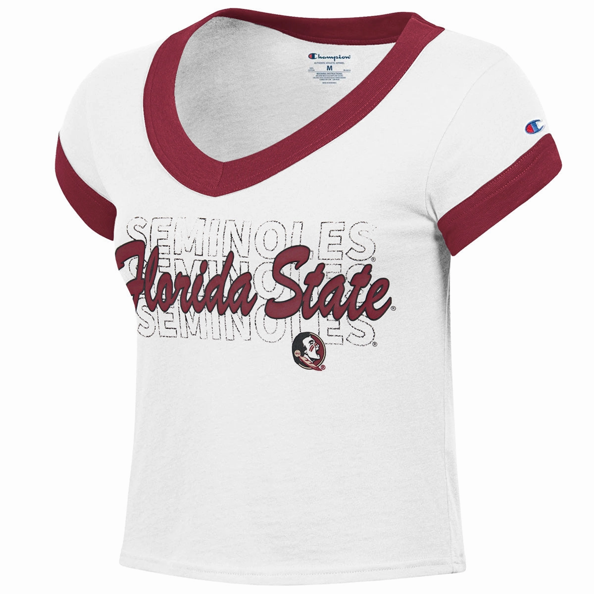 Low Impact Manufacturing Comfortable Layer Champion Women's Seminoles Florida State/Seminole Logo Design Short Sleeve Crop Ringer T-shirt - White/Garnet