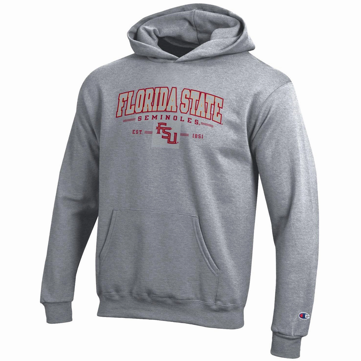 Champion Youth Florida State Seminoles Stacked FSU Design Hoodie - Heather Grey Puffer Design Easy Fit Piece