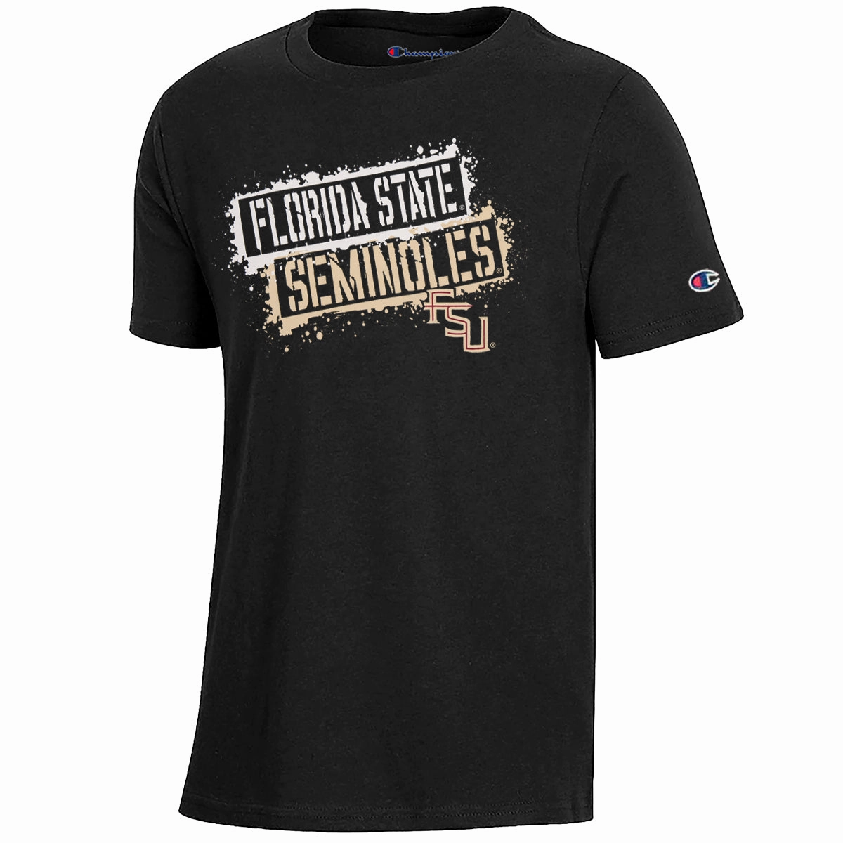 Champion Youth Florida State Seminoles/Stacked FSU Design Short Sleeve T-shirt - Black Vibrant Prints LightweightBlend