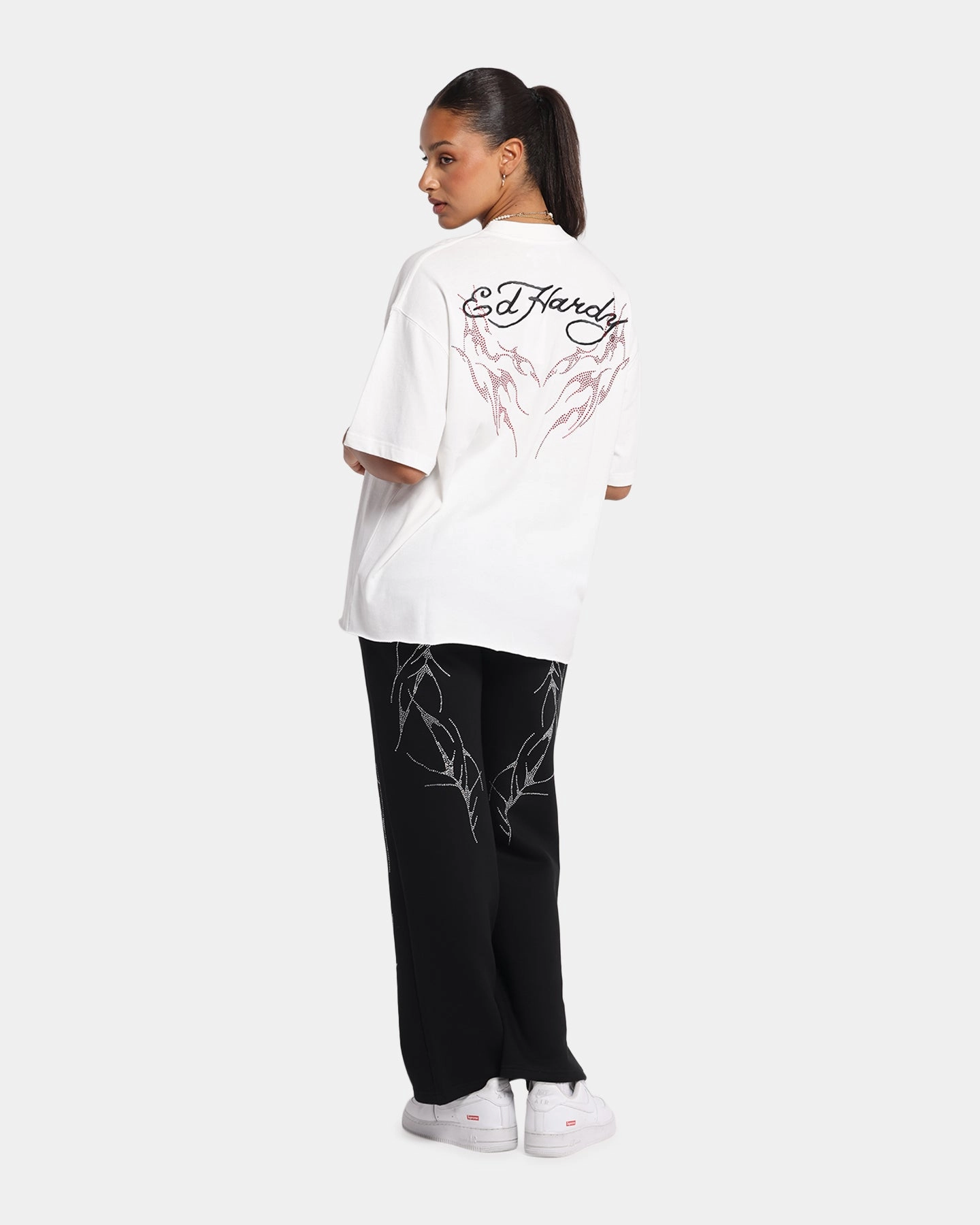 Ed Hardy Techno Rhinestone T-Shirt Off White color blocking