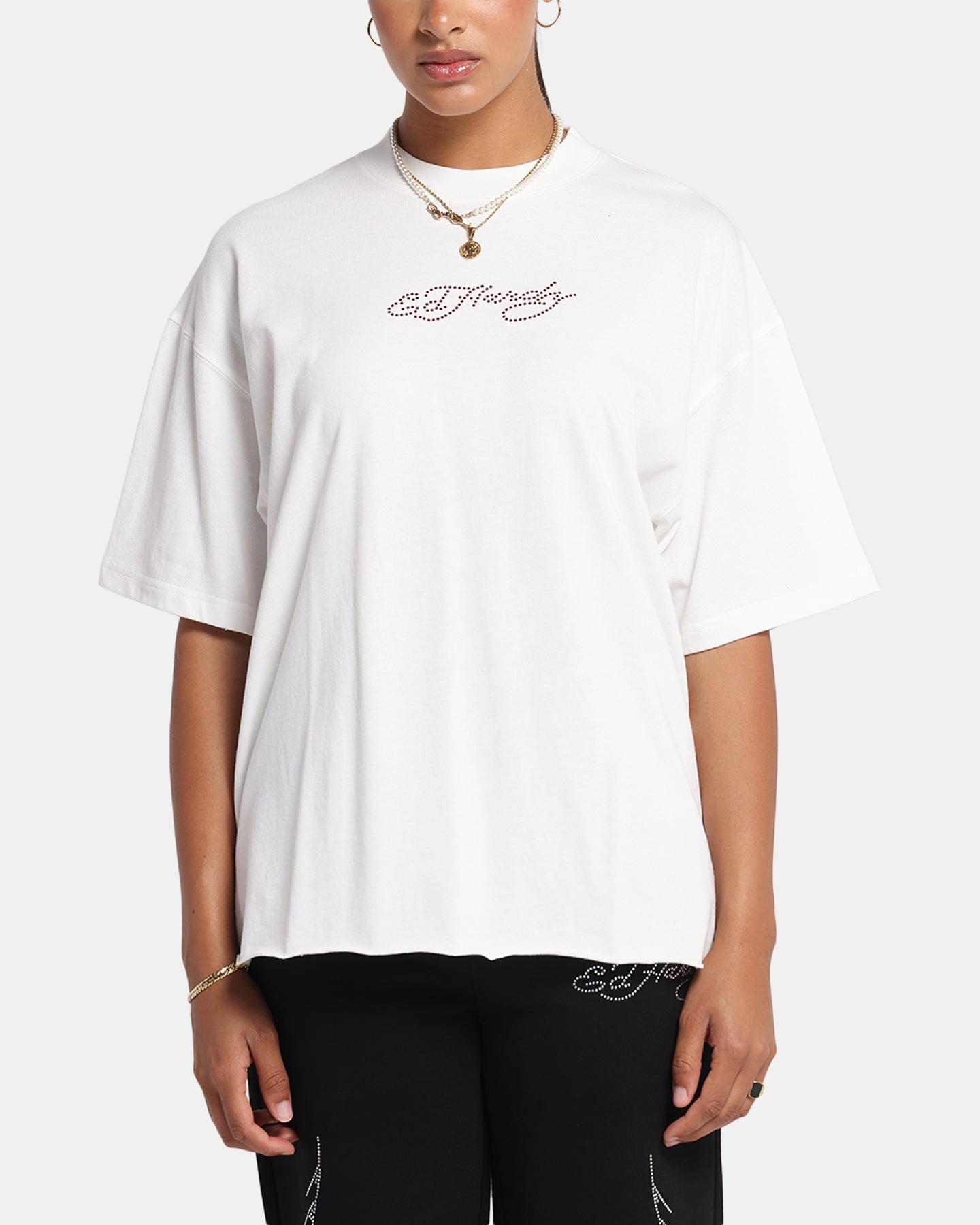 Chilly Day Comfort Heathered Texture Ed Hardy Techno Rhinestone T-Shirt Off White