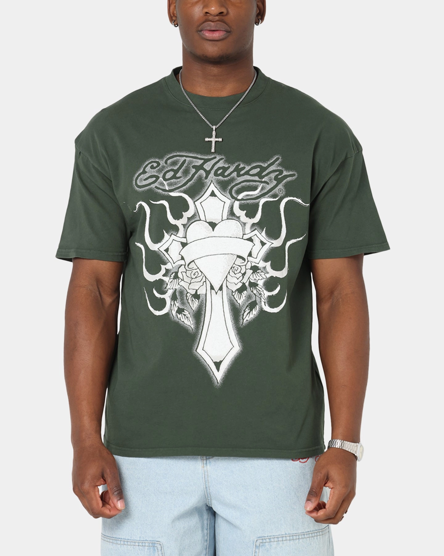 loose but not baggy Ed Hardy Cross My Heart T-Shirt Pine Green