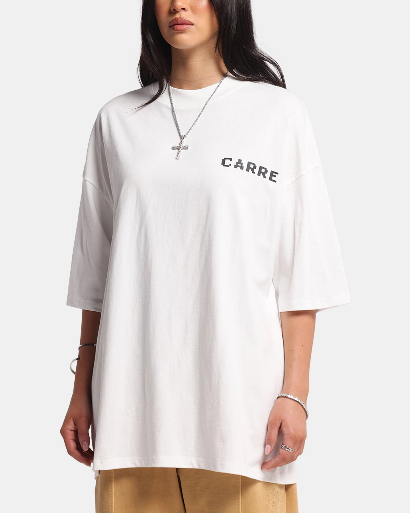 Geometric Pattern Soft And Comfortable Carre Level Up Mock Neck T-Shirt Off White