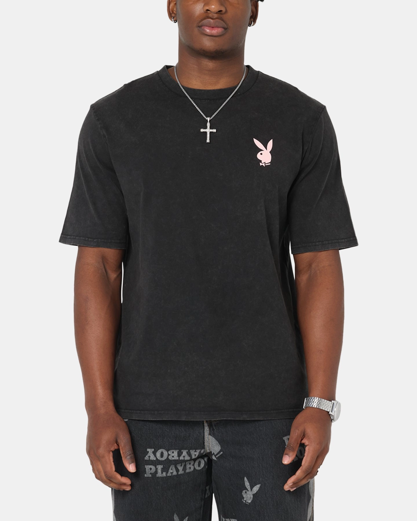 Stylish Wear Playboy Stack Washed T-Shirt Washed Black