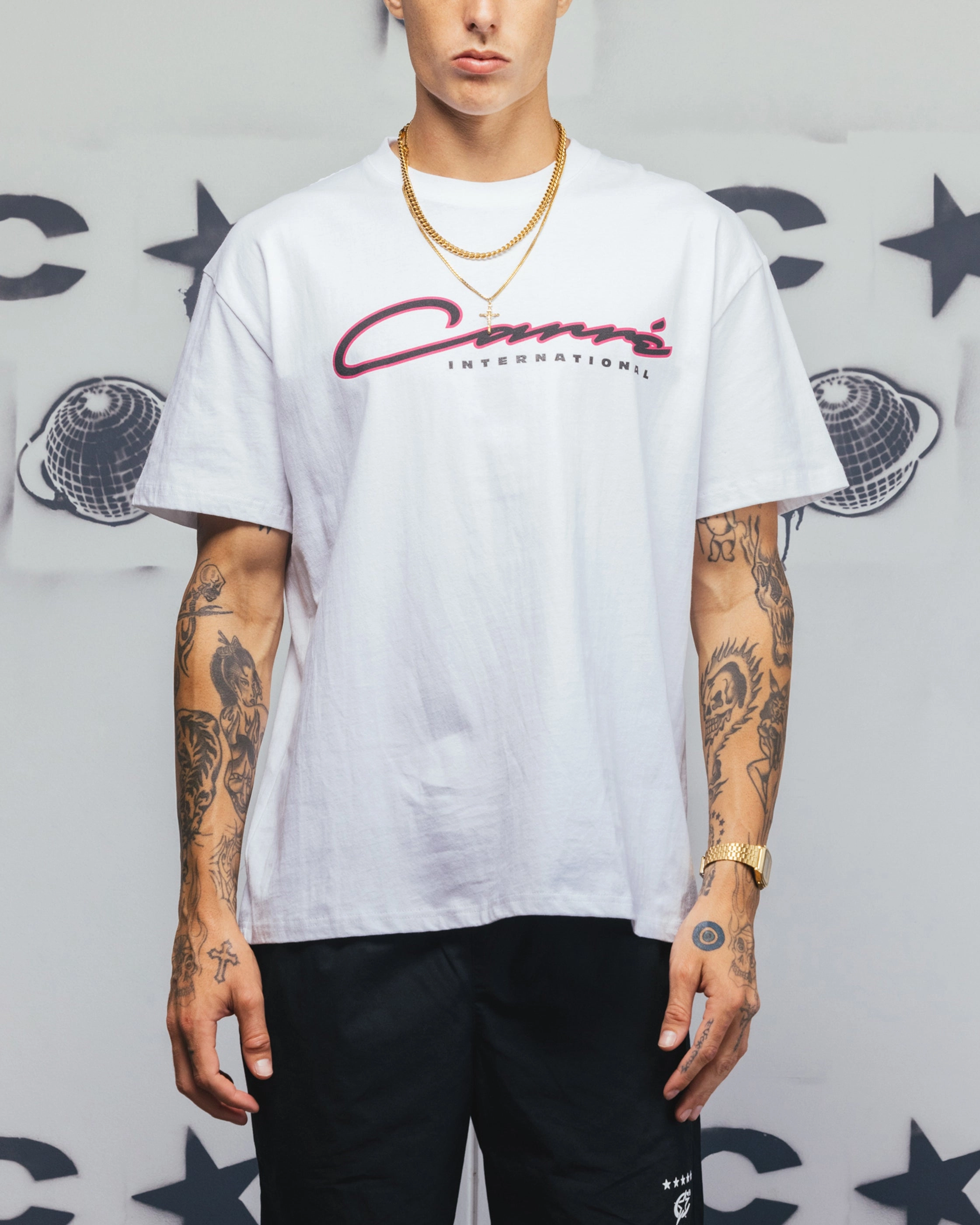 Multi Directional Stretch Daily Outfit Carre Race Script T-Shirt White