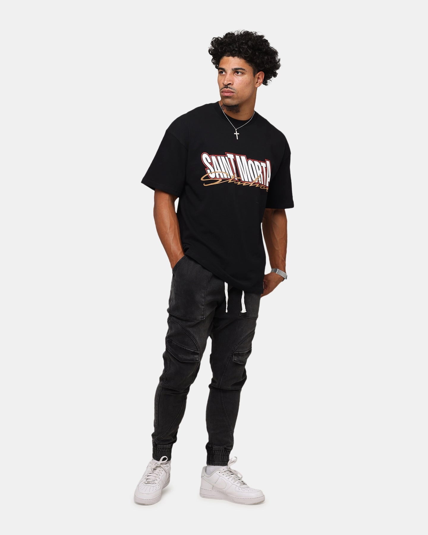 Structured Hemline Slim Stretch Saint Morta Aera Denim Joggers Black Shadow