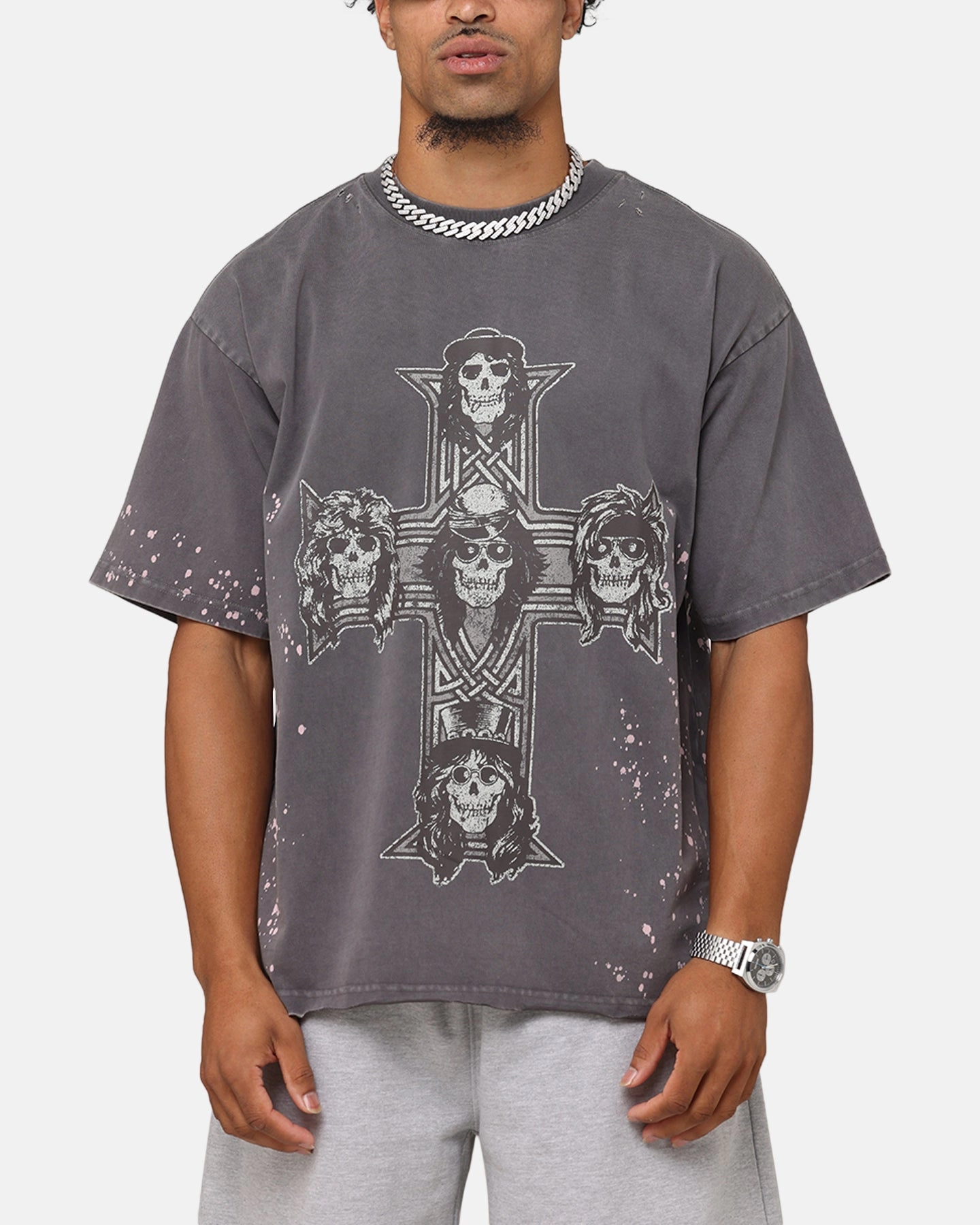 Guns N Roses Guns Cross T-Shirt Washed Black Comfortable texture High Density Knit