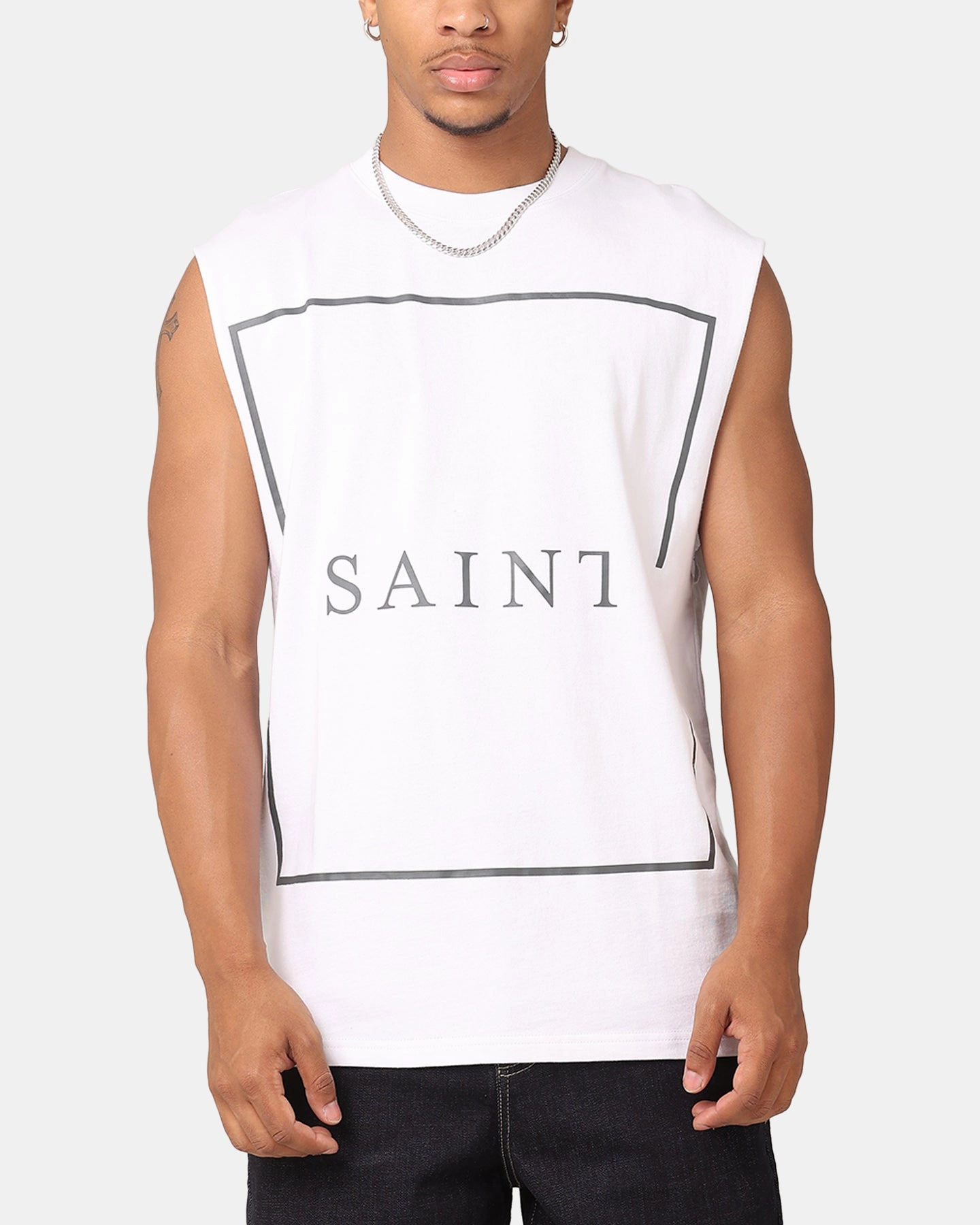 Saint Morta Division Oversized Muscle T-Shirt White/Black Raw Edge Hem