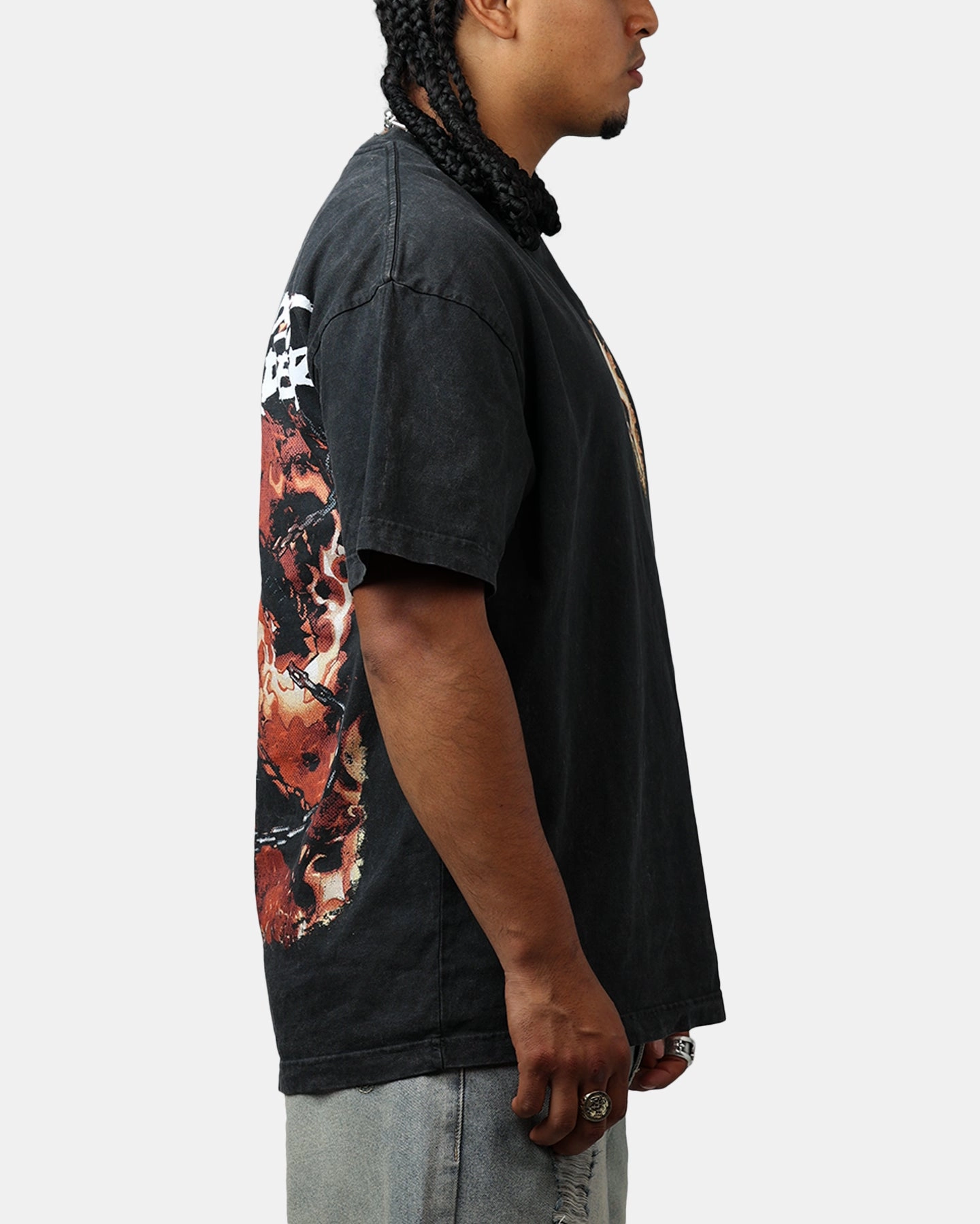 Goat Crew Marvel Ghost Rider Fire Vintage T-Shirt Black Acidwash Stretch Knit Casual layering piece