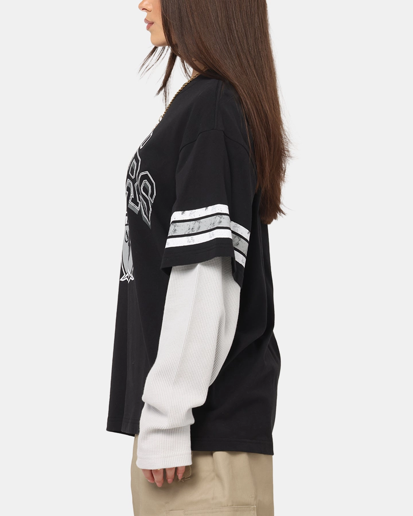Mitchell & Ness Oakland Raiders Waffle Mock Layer Long Sleeve T-Shirt Black SlimFit
