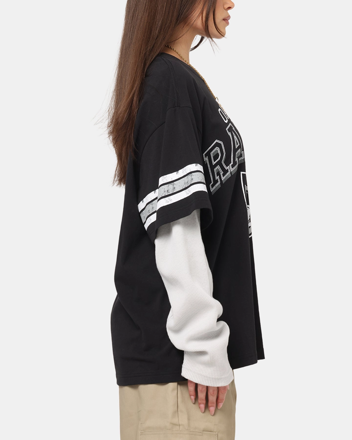 Mitchell & Ness Oakland Raiders Waffle Mock Layer Long Sleeve T-Shirt Black Easy and Relaxed Everyday Chic