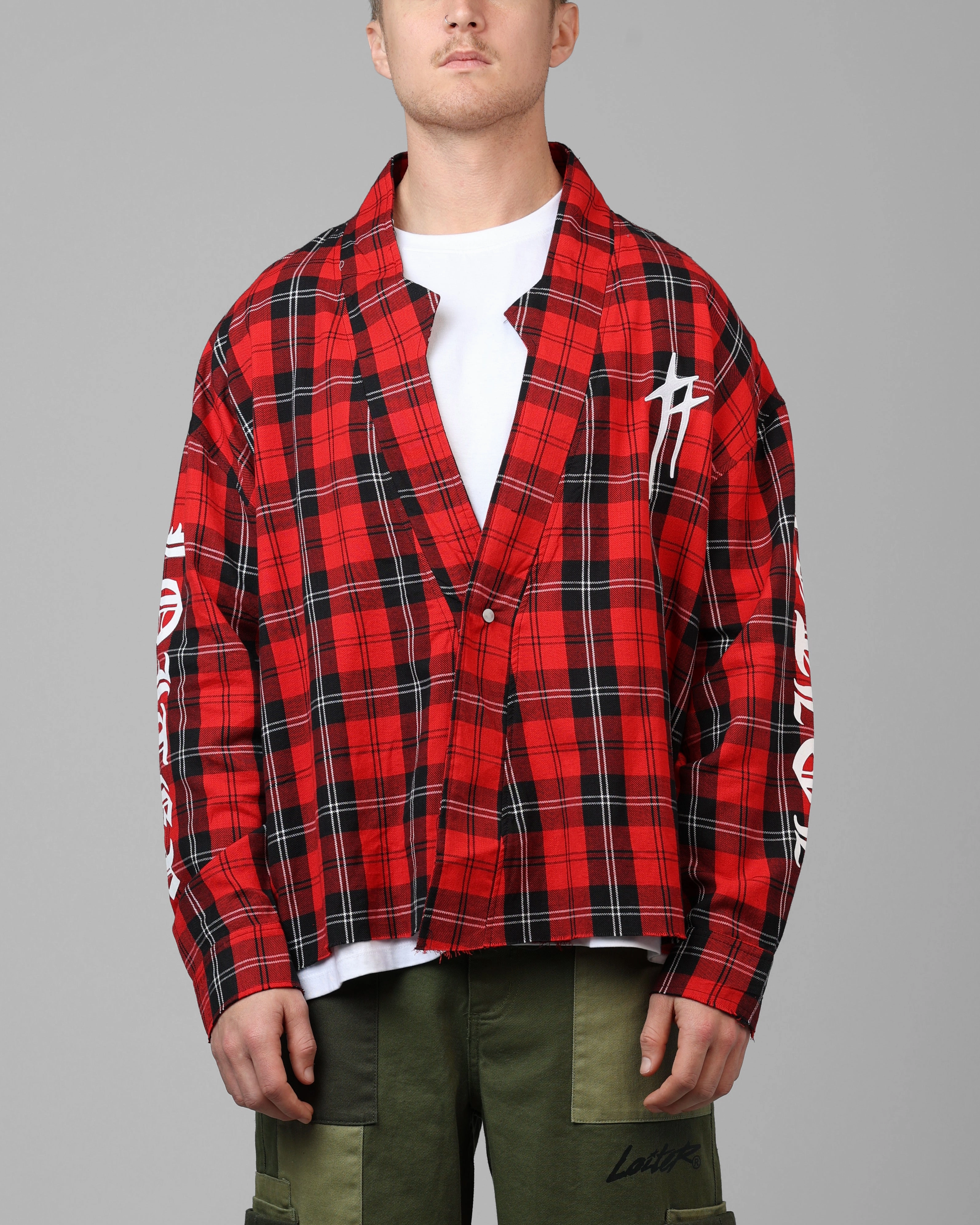 Loiter Kimono Flannel Red Class Rollaway Collar Feature