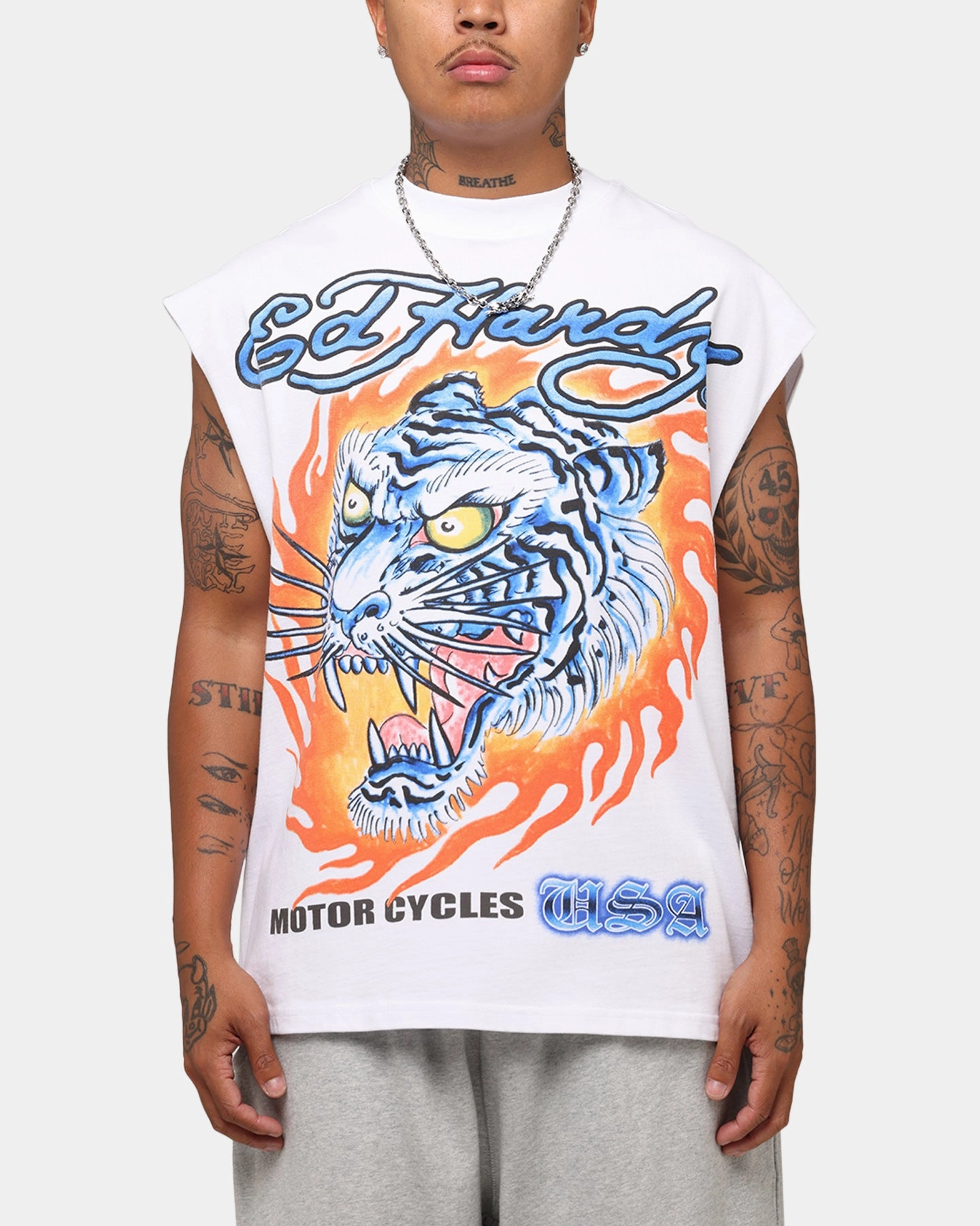 Ed Hardy Motorcycles Tiger Muscle T-Shirt White Reinforced Shoulder Camping practicality