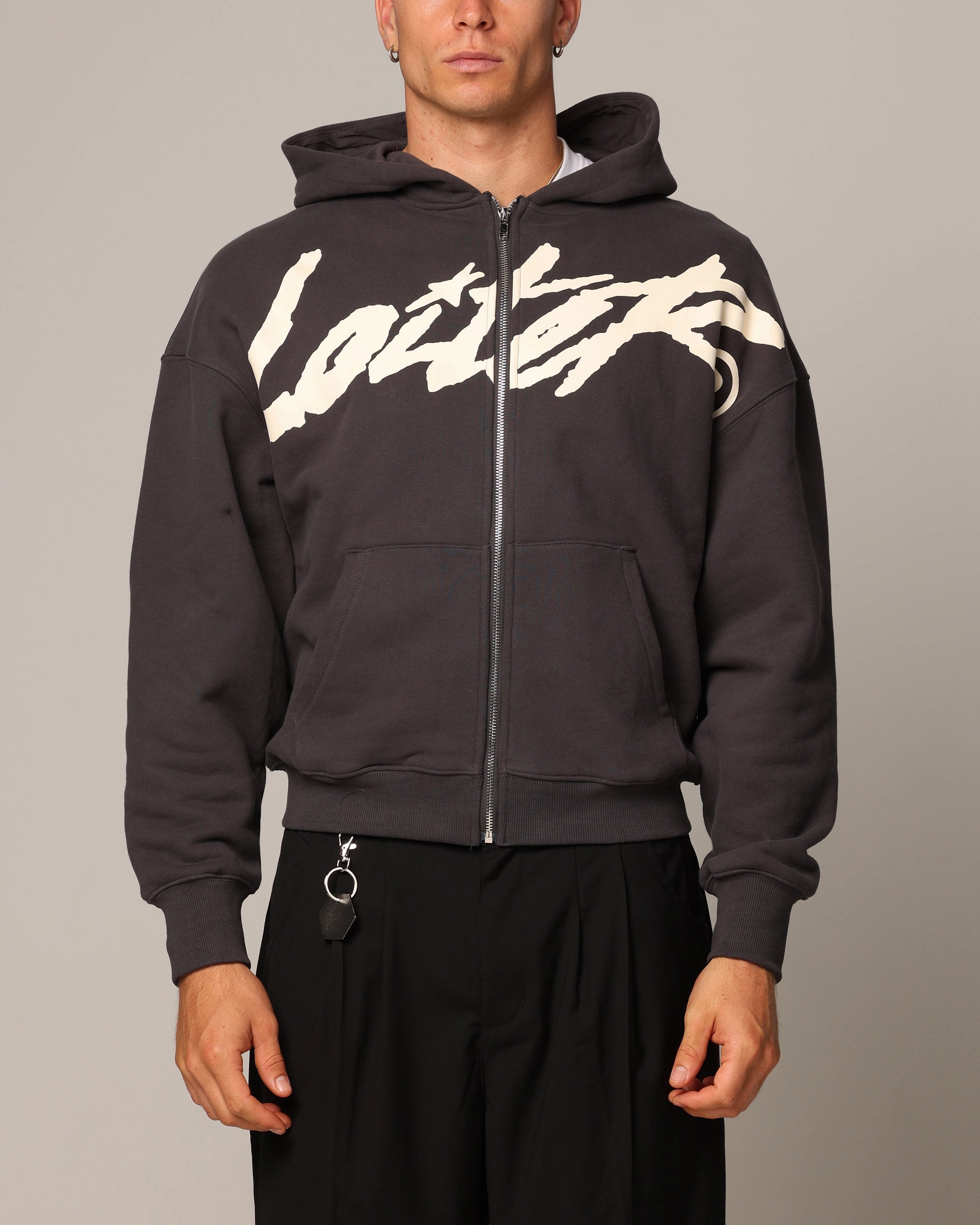 Loiter Spider Zip Hoodie Charcoal Hooded Storage Compartment