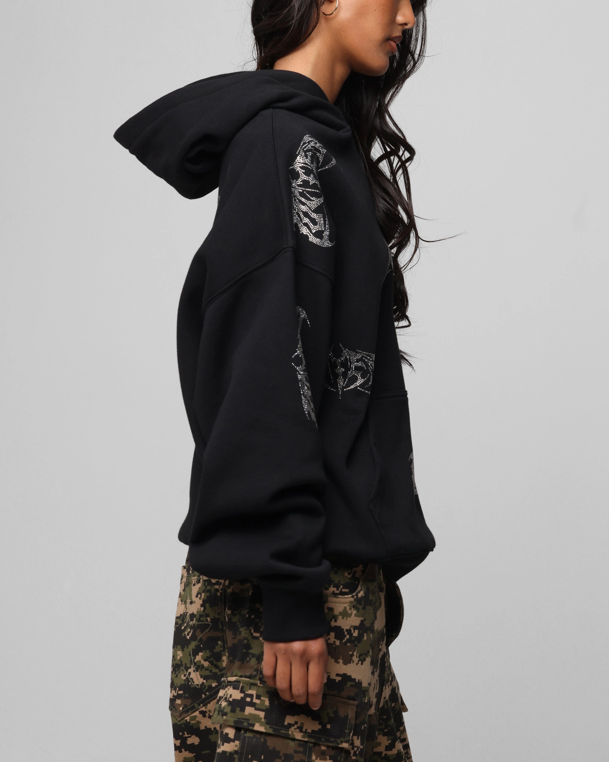 File Odor Resistant Loiter Metal Rhinestone Hoodie Black