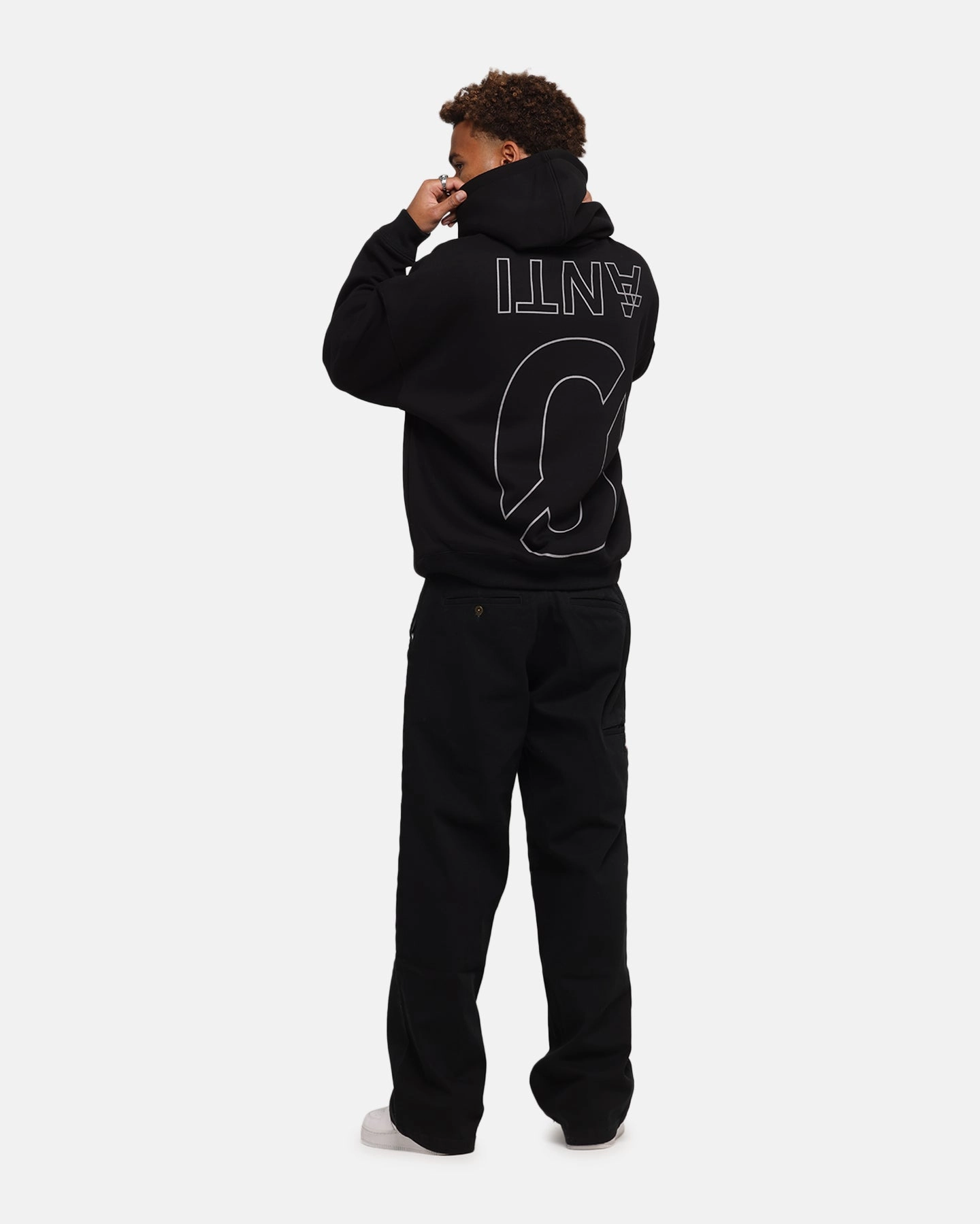 The Anti Order Azero Stencil Boxy Hoodie Black Adjustable Straps land mobile