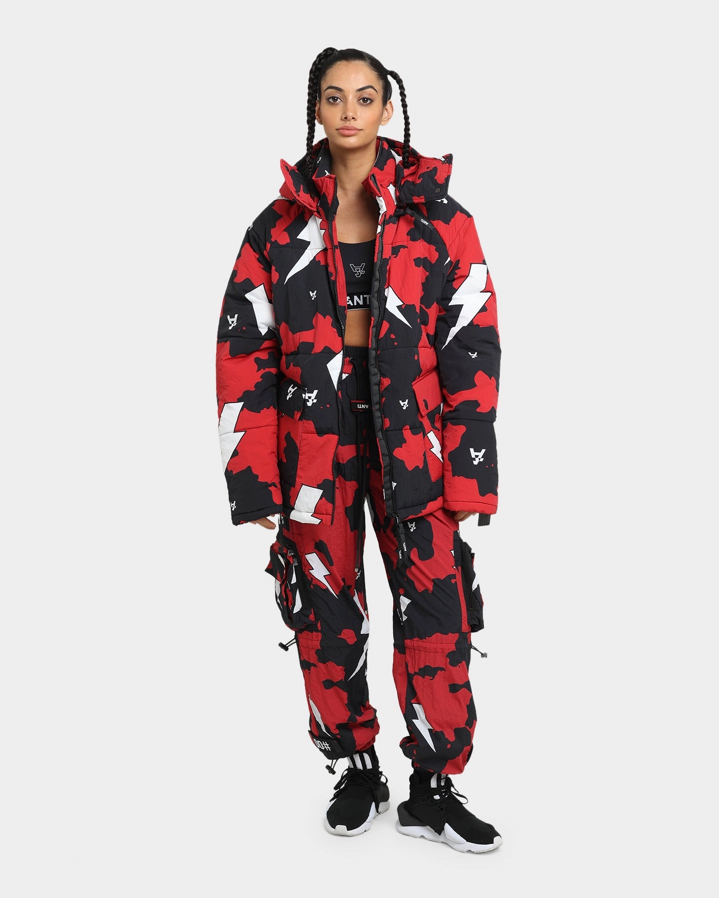 The Anti Order Storm Camo Puffer Jacket Black/Red/White Articulated Elbows