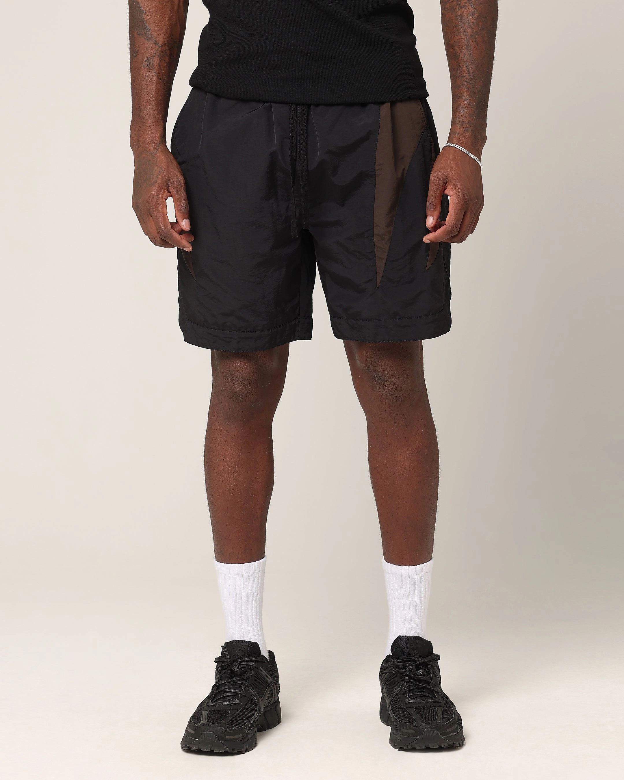 Saint Morta Rage Nylon Shorts Black/Brown Vented Hem Details