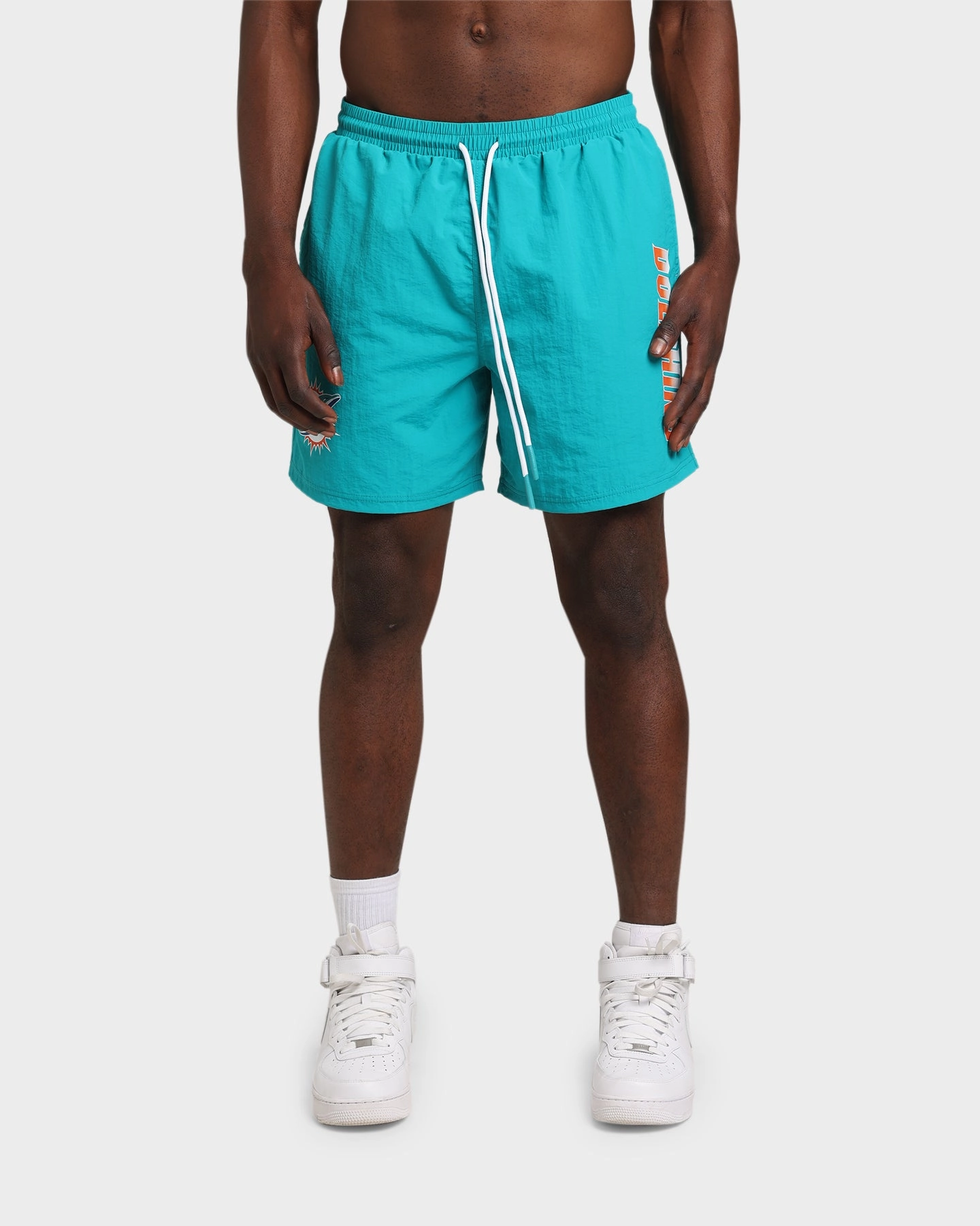 Majestic Athletic Miami Dolphins Chrome Font Beach Shorts Teal Soft Elastic denim alternative