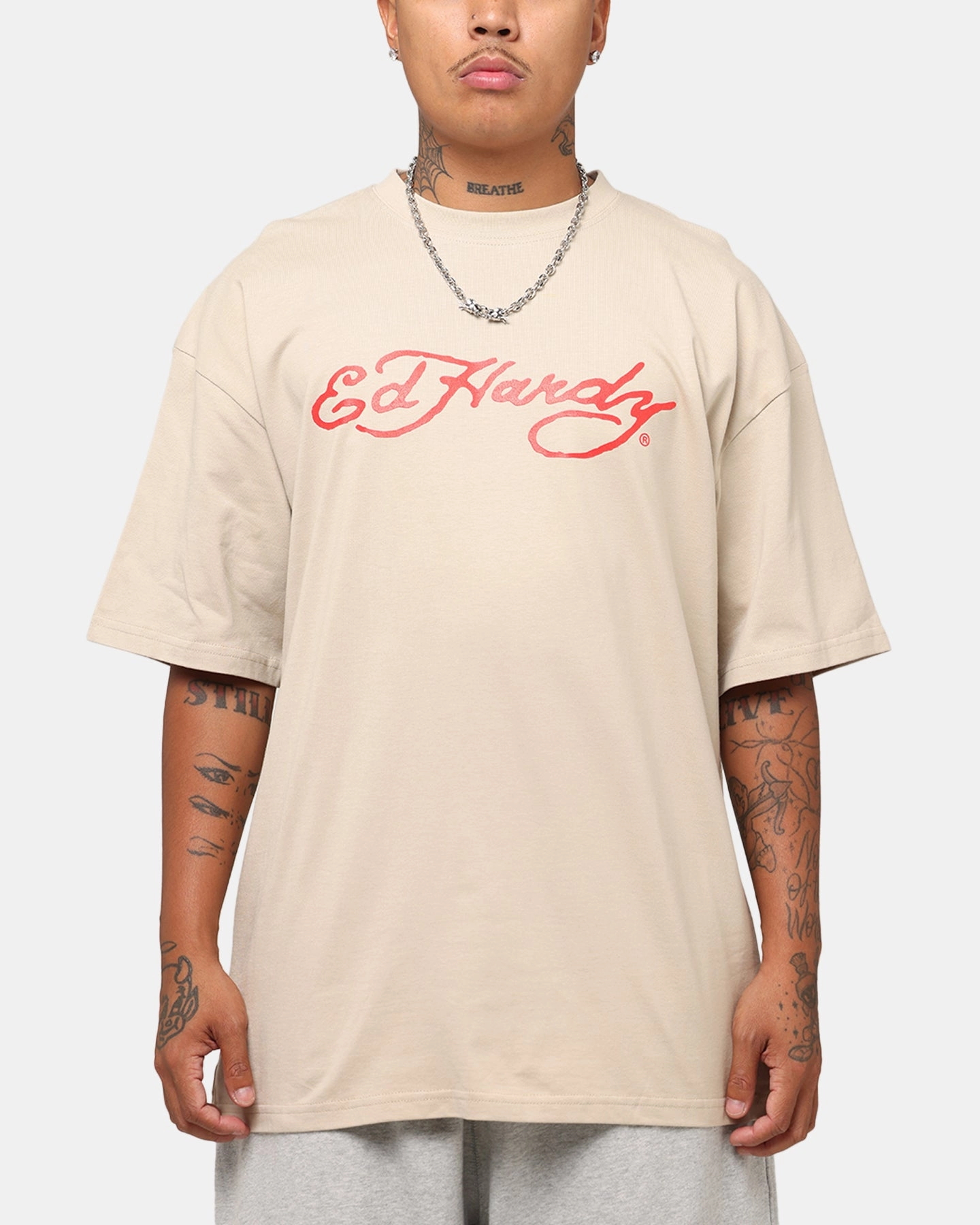 Ed Hardy Flourish Script T-Shirt Stone Breathable Design Comfort and Fit