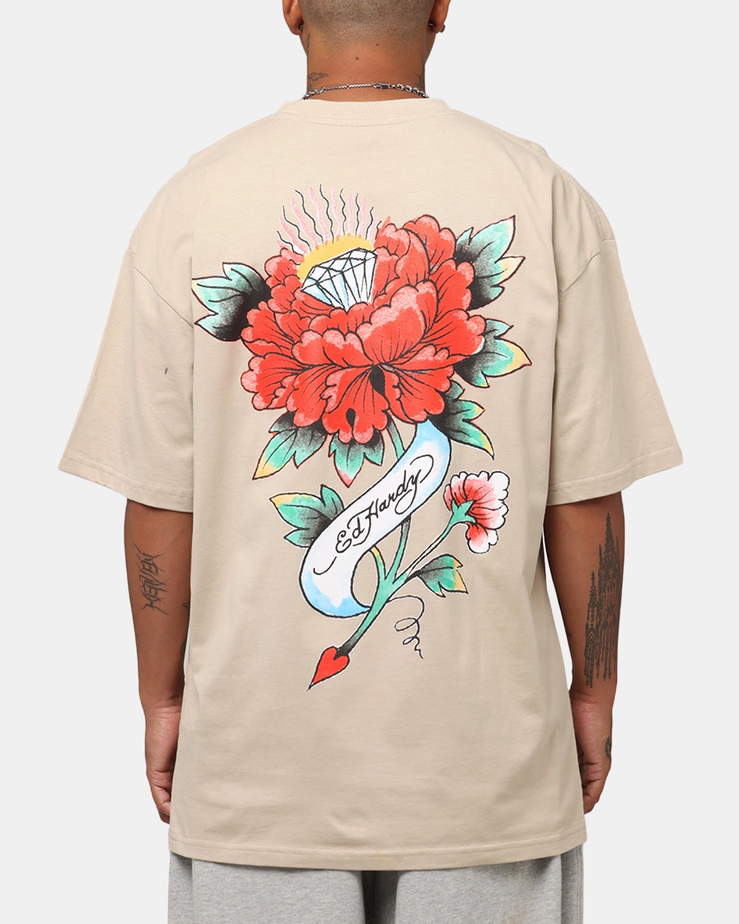 Ed Hardy Flourish Script T-Shirt Stone Perfect for Any Outfit Versatile Layering Piece