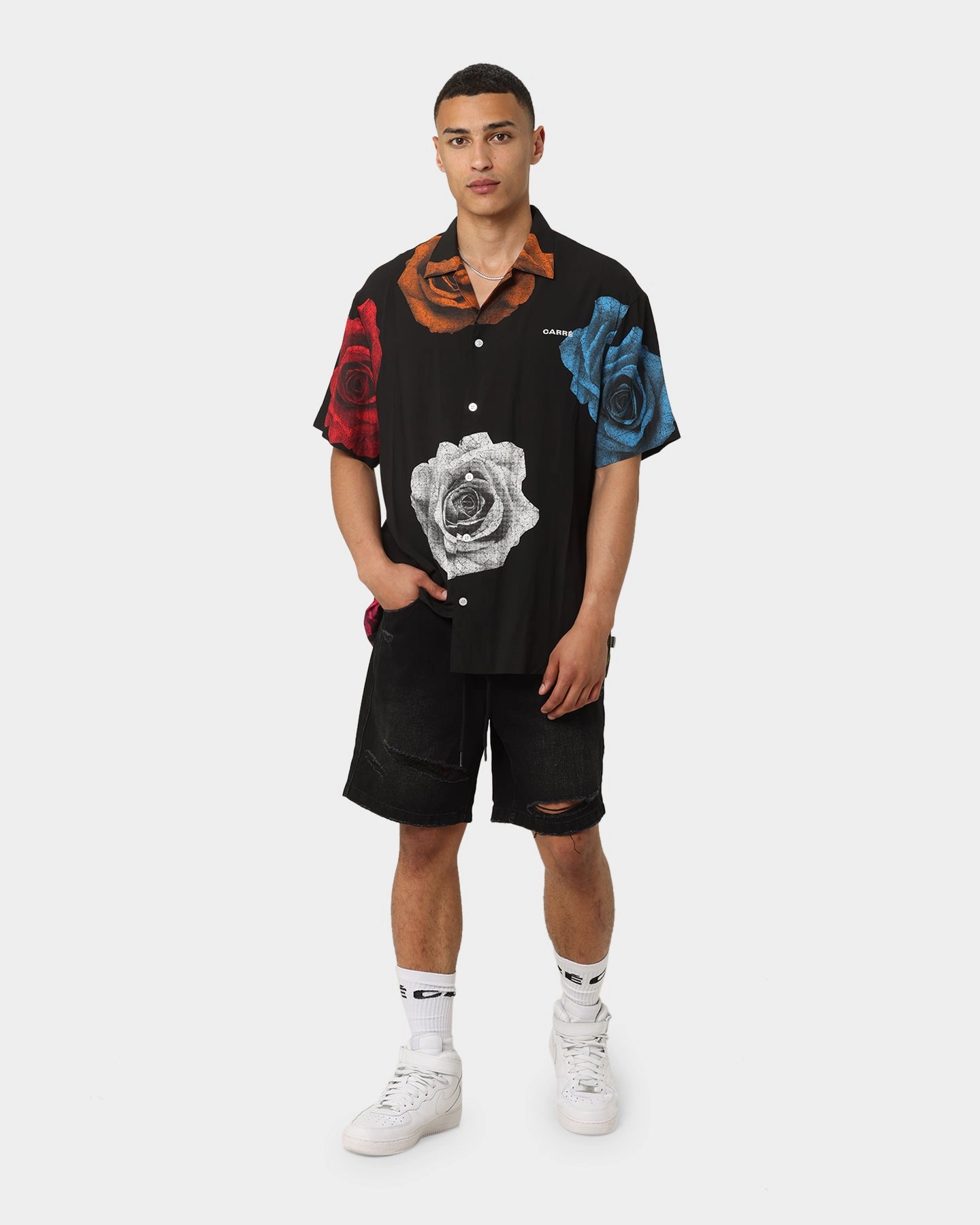 Recycled Polyester Blend dress shirt Carre Bouffant Distressed Shorts Black