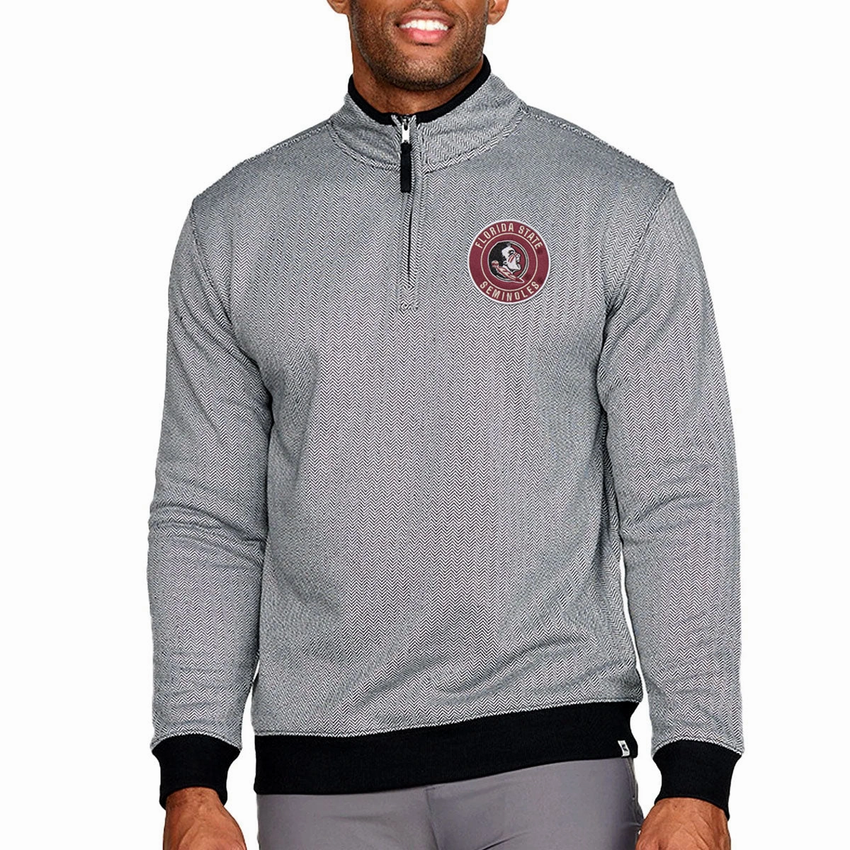 Weekend Ready Look Colosseum Men's Florida State Seminoles/Seminole Logo Design 1/4 Zip Herringbone Fleece Jacket - Black