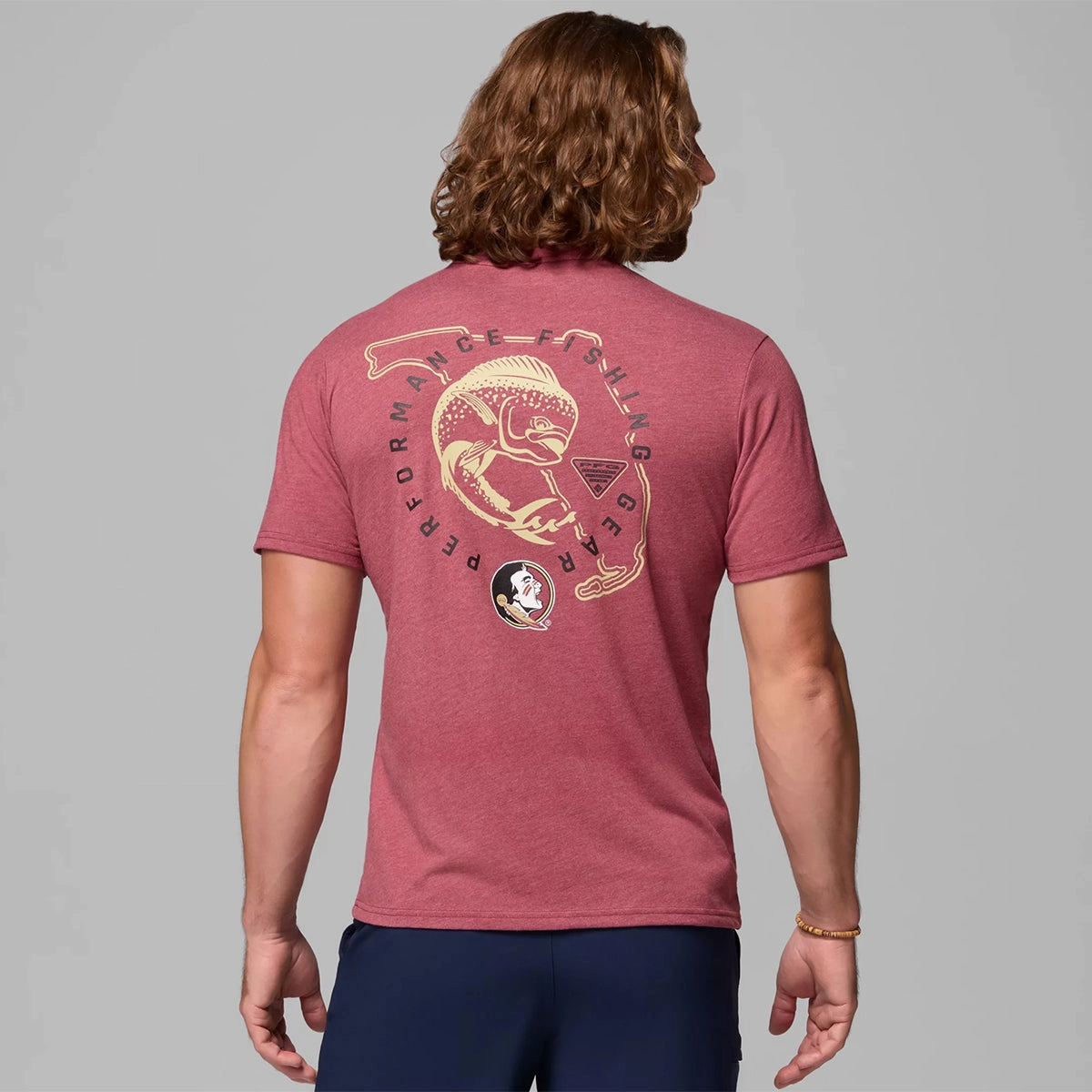 Quick Dry Fabric Columbia Men's FSU Spear/Seminole Logo Fish Design PFG Short Sleeve T-shirt - Heathered Garnet