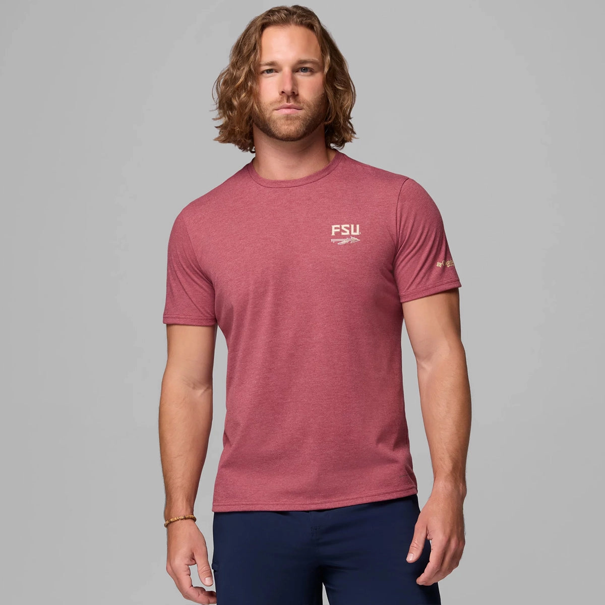 Columbia Men's FSU Spear/Seminole Logo Fish Design PFG Short Sleeve T-shirt - Heathered Garnet EasyCareFinish No Shrink Fabric