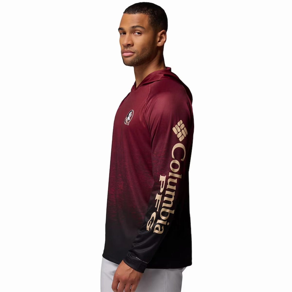 Columbia Men's Seminole Logo Super Terminal Tackle Long Sleeve Hooded Shirt - Garnet/Black Reinforced Collar Stay