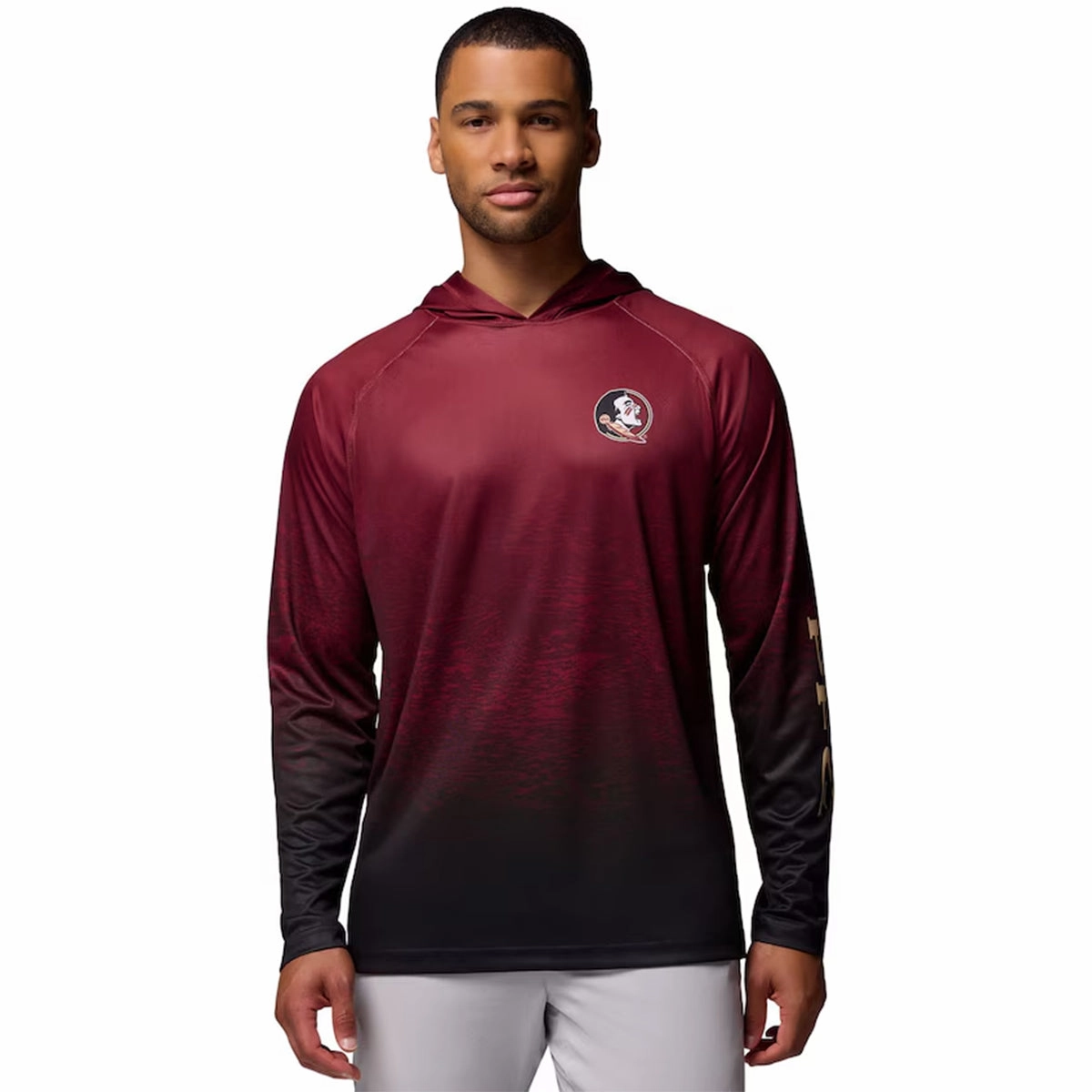 Breathable Underarm Gusset Tri Blend Composition Columbia Men's Seminole Logo Super Terminal Tackle Long Sleeve Hooded Shirt - Garnet/Black