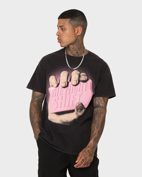The Night Shift Night Club Vintage T-Shirt Black Wash Curved Hem sequined details