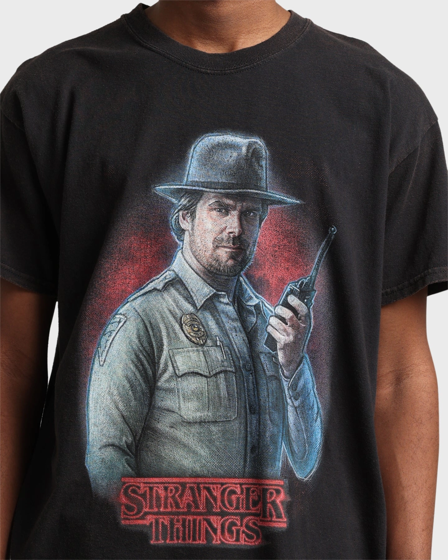 Breathable Material Goat Crew X Stranger Things Chief Hopper Vintage T-Shirt Black Wash