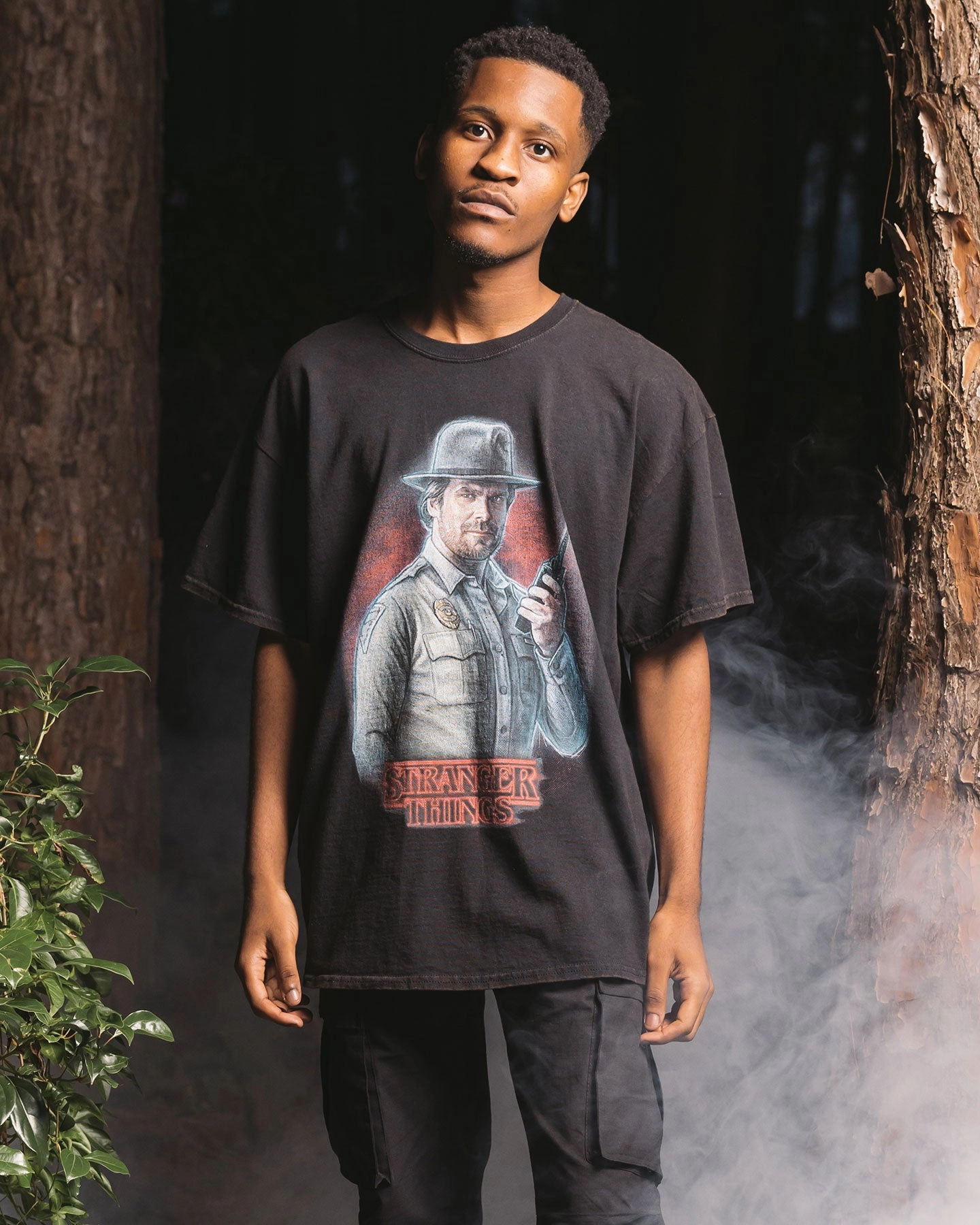 No Fade Technology Goat Crew X Stranger Things Chief Hopper Vintage T-Shirt Black Wash