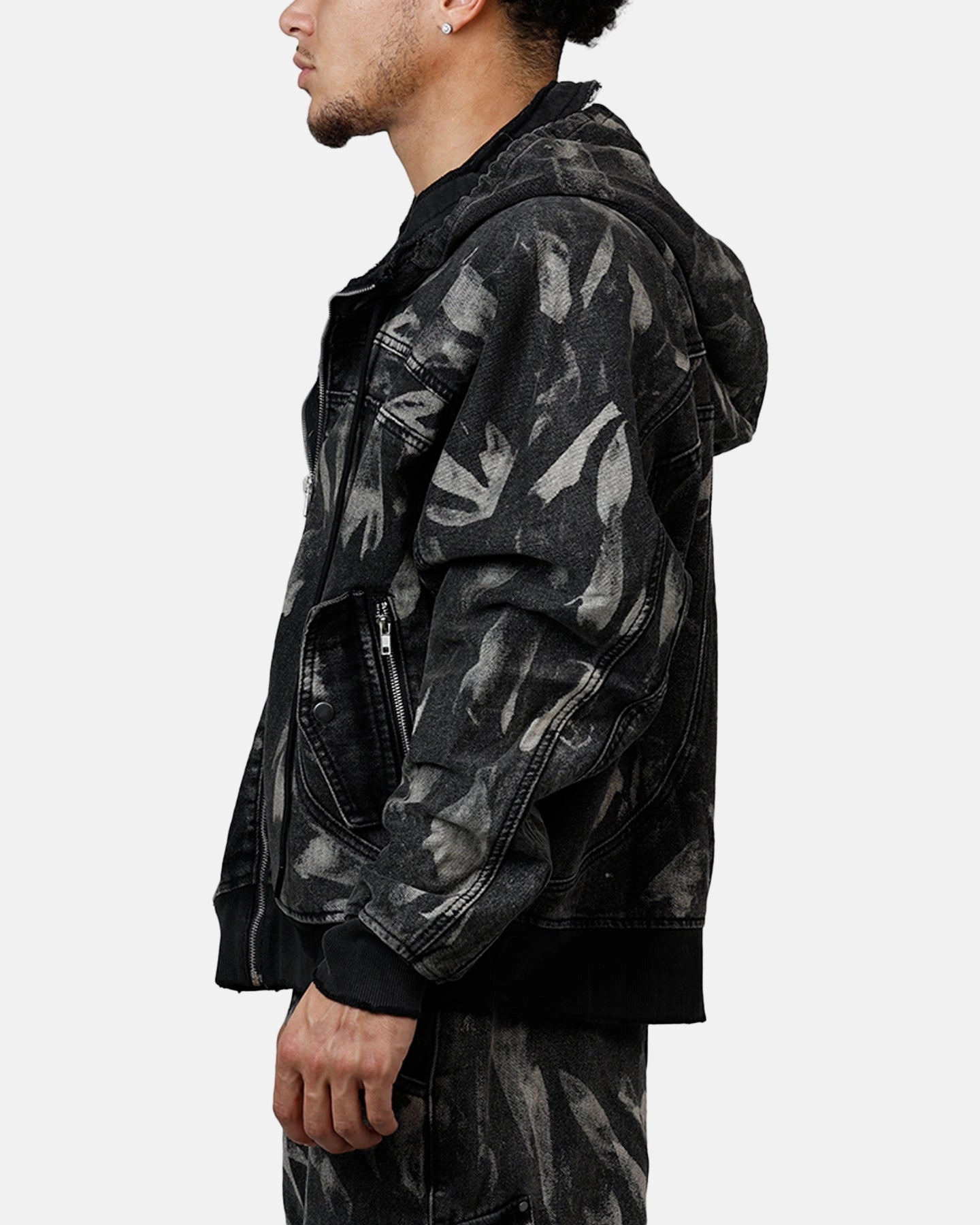 MNML Double Denim Hood Bomb Jacket Black popular in Europe Noise Free Material
