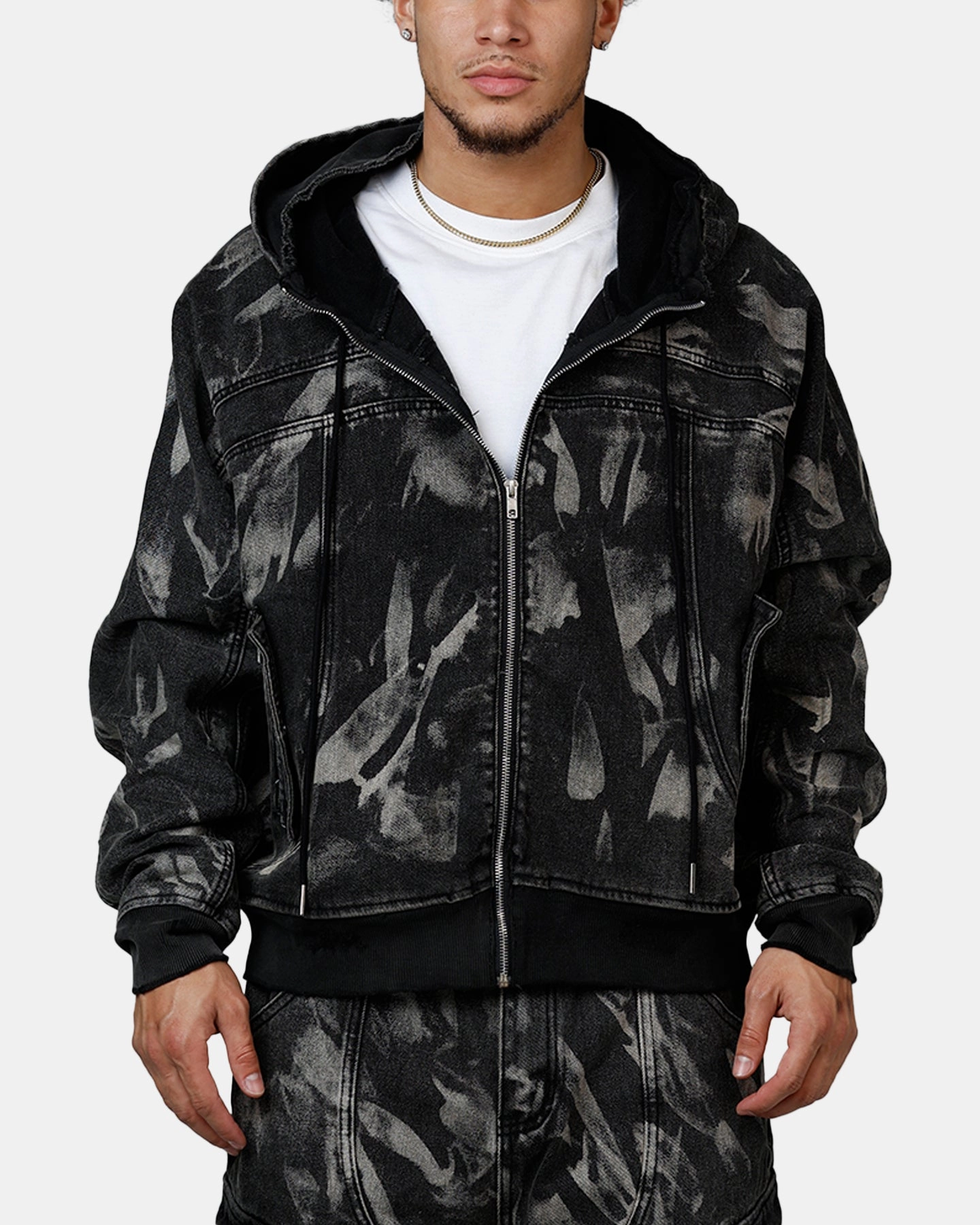 MNML Double Denim Hood Bomb Jacket Black Notice Fade Resistant Dye