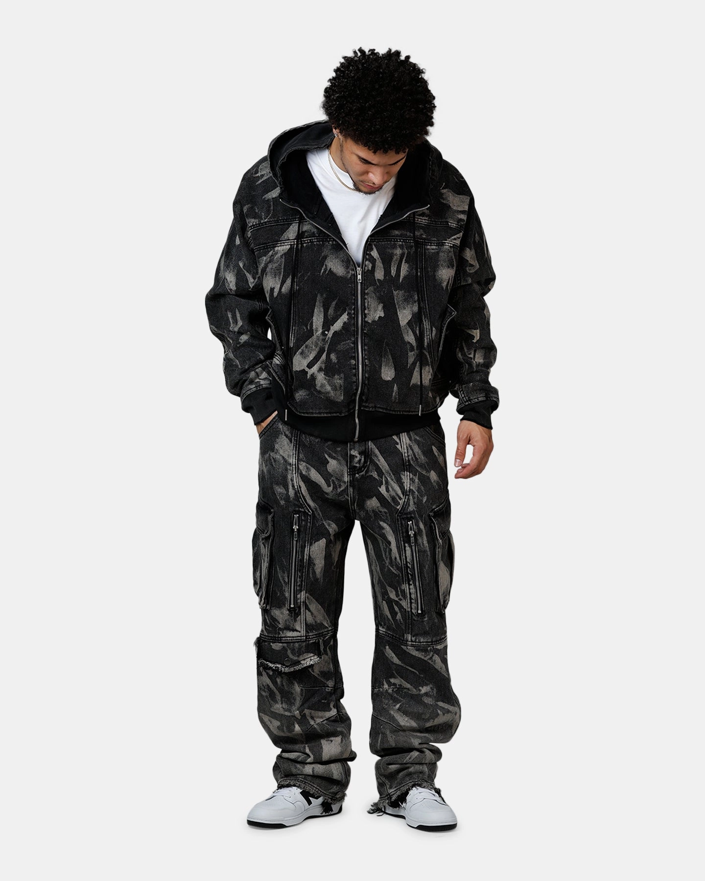 MNML Double Denim Hood Bomb Jacket Black Primaloft Insulation