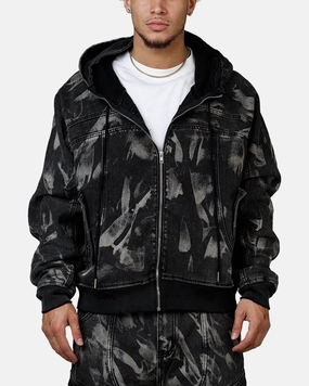 MNML Double Denim Hood Bomb Jacket Black Notice Fade Resistant Dye