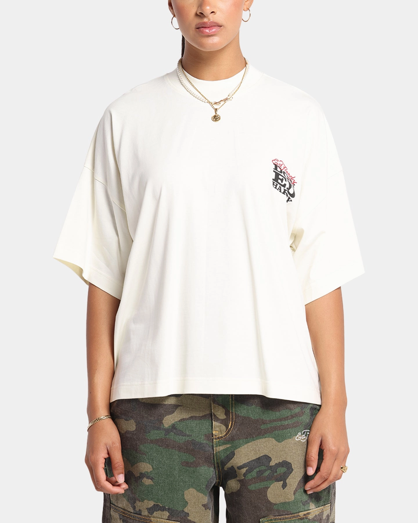 Embroidered Details Wrinkle-Free Ed Hardy Rose Skull Oversized Print T-Shirt Off White