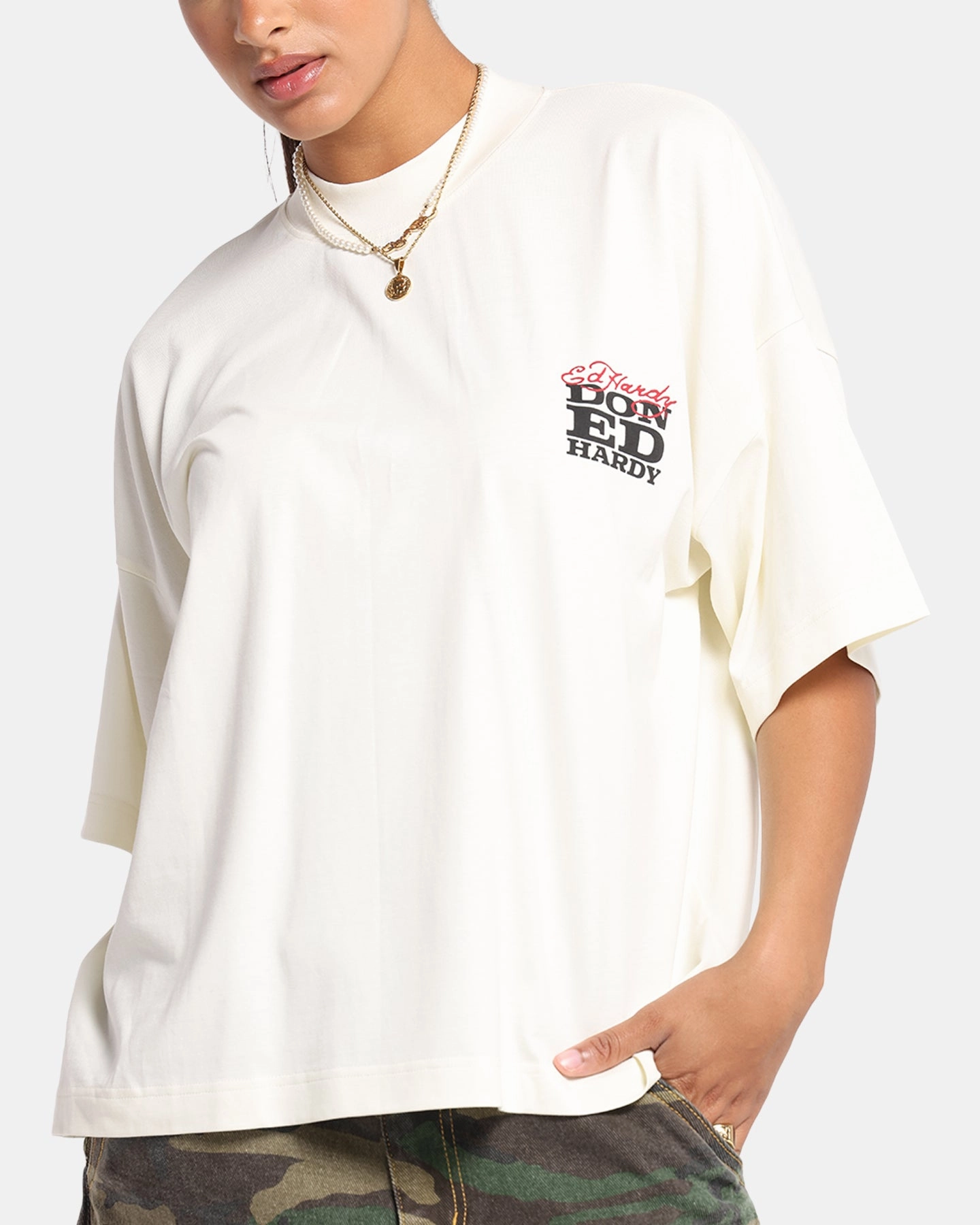 Ed Hardy Rose Skull Oversized Print T-Shirt Off White Round neck simplicity