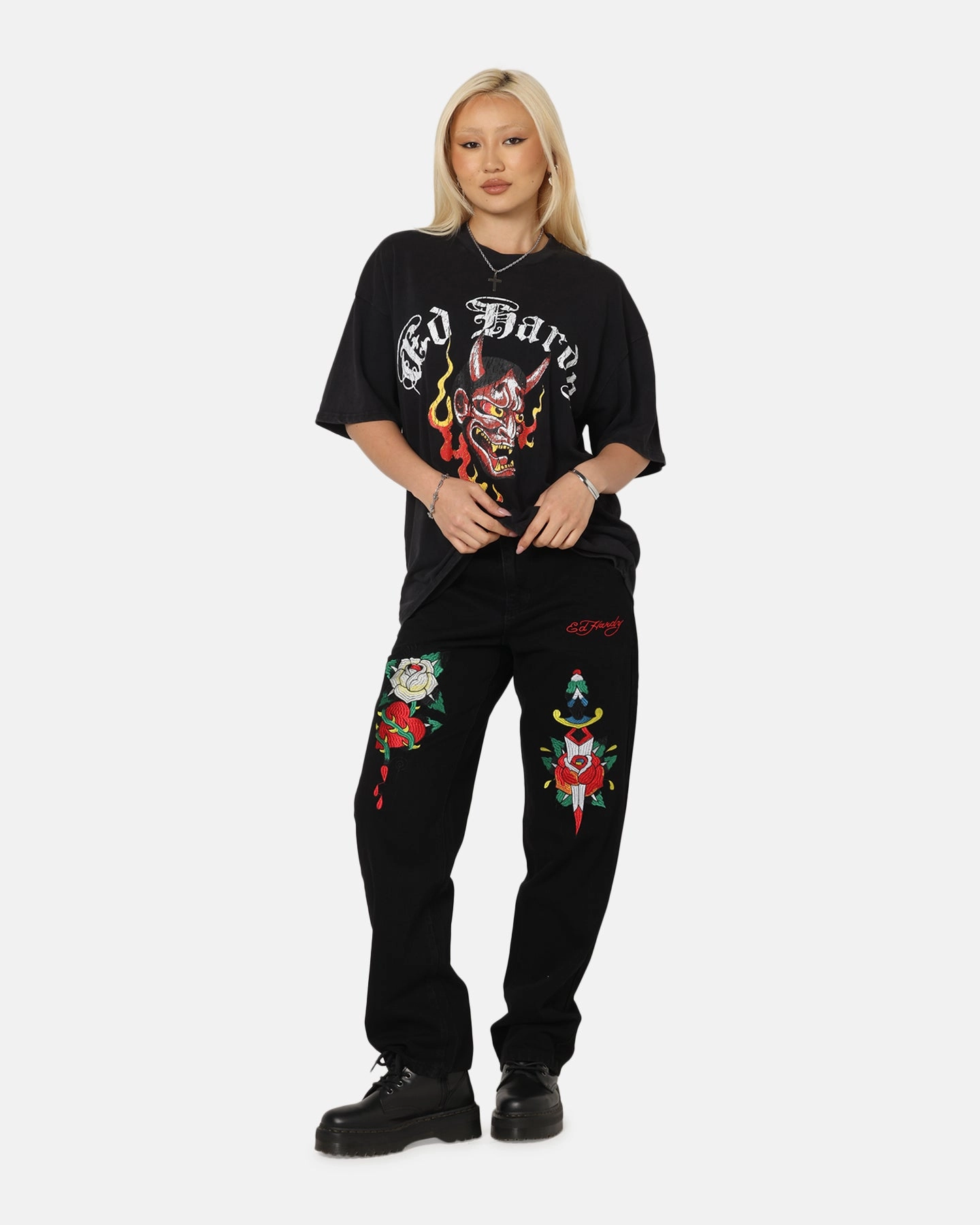 Flattering Shape School Uniform Ed Hardy Mask Of Mischief T-Shirt Black Acidwash