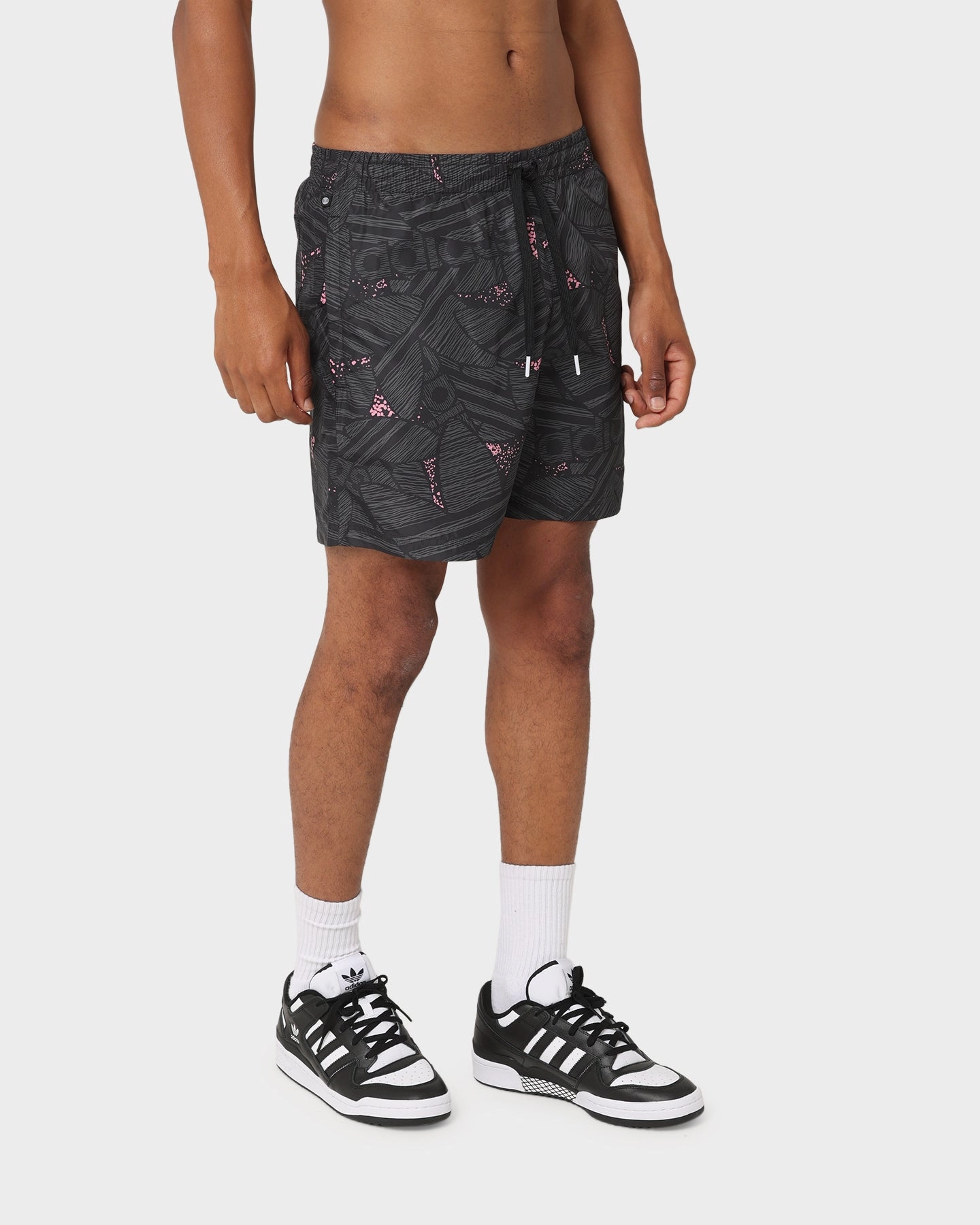 kids Wide Leg Opening Adidas Trefoil All Over Print Swim Shorts Black/Grey Sox