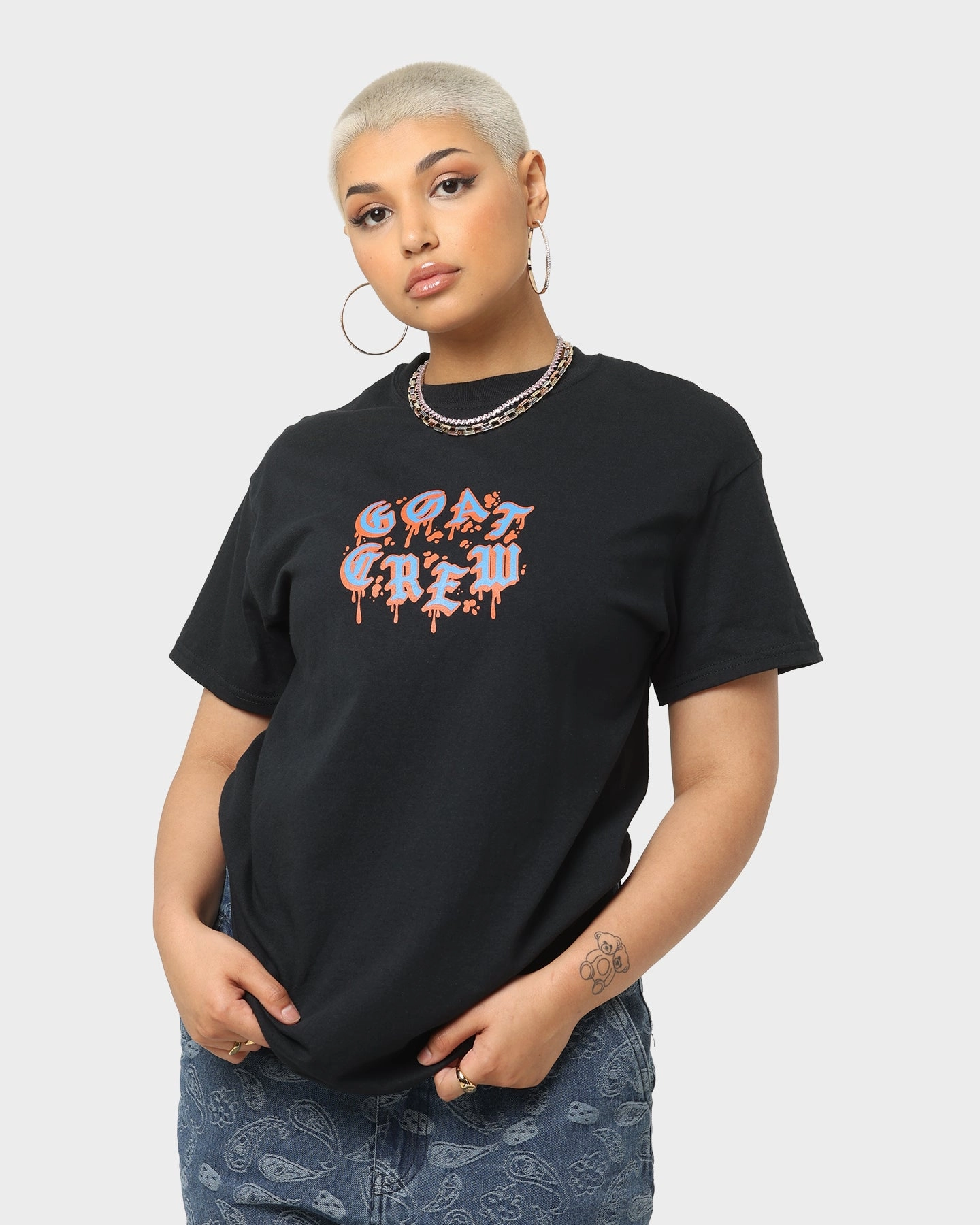 Goat Crew Drip Logo T-Shirt Black/Blue/Orange Non Irritating Tags Recommended