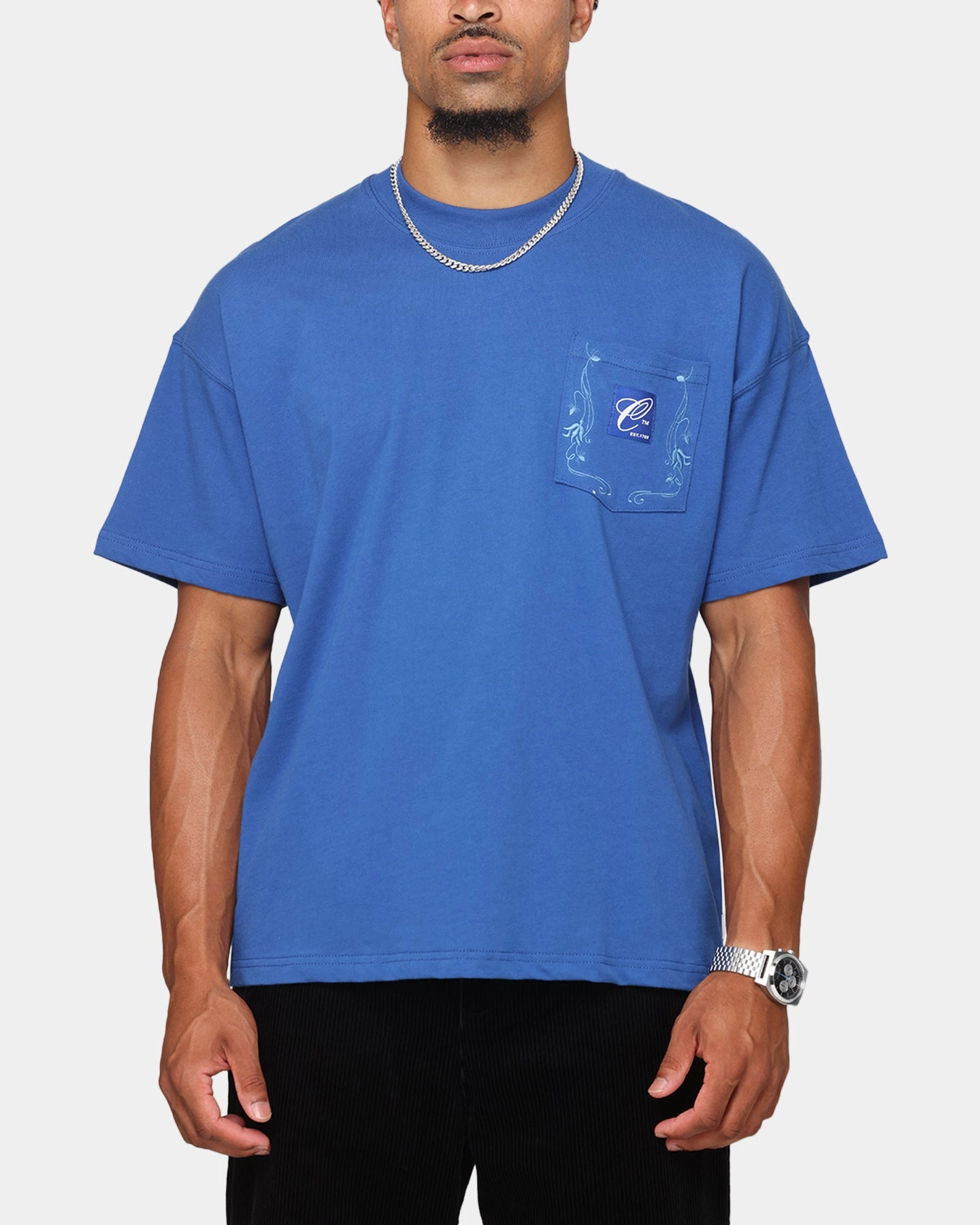 Round neck simplicity Carre Floral Pocket Oversized T-Shirt Blue