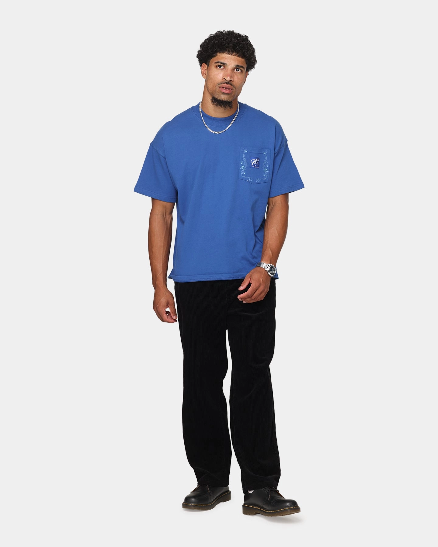 V-Neck Eco Certified Textile Carre Floral Pocket Oversized T-Shirt Blue