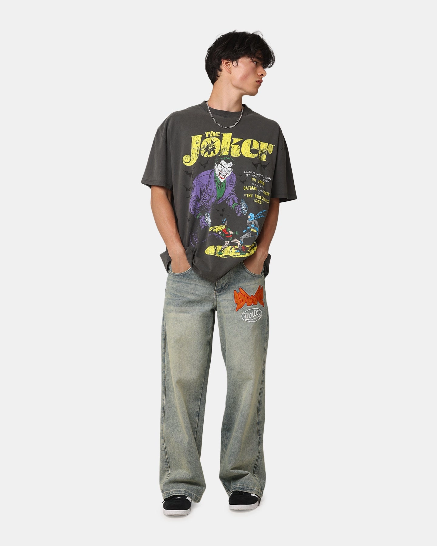 Anti Odor Technology Anti Static Treatment American Thrift X DC Batman The Joker Harley Hoax Heavyweight T-Shirt Black Wash