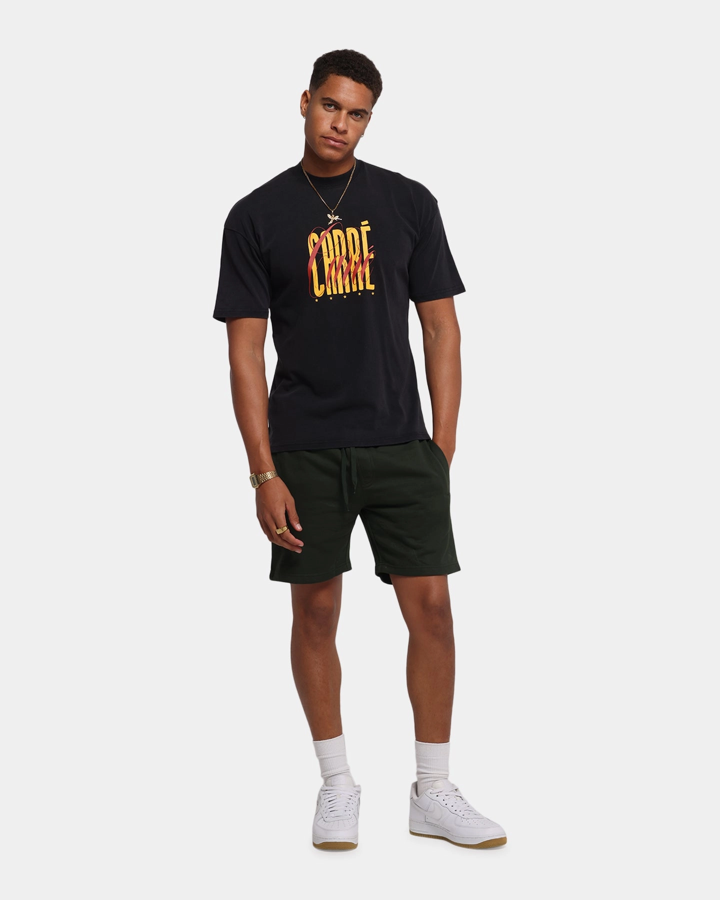 Simple and Light Carre Golden Scale T-Shirt Black Acidwash