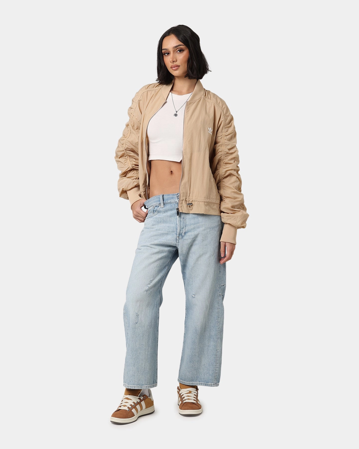 Adidas Women's Light Weight Bomber Jacket Magic Beige Fleece QuiltedPattern