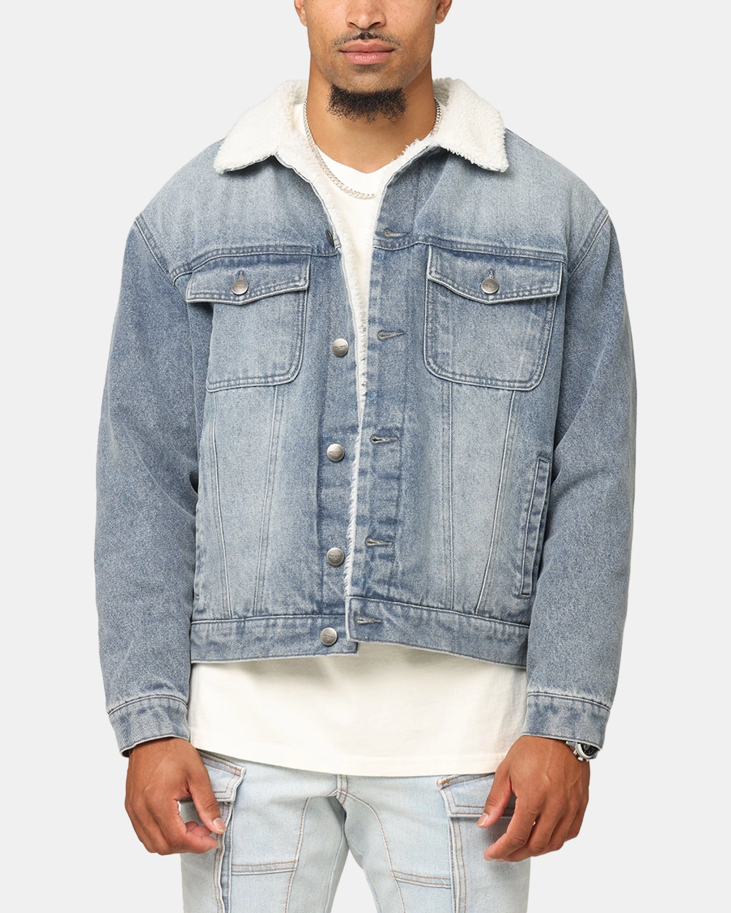 Stretch Knit Fabric Fashionable Style Saint Morta Sherpa Boxy Denim Jacket Dirty Denim